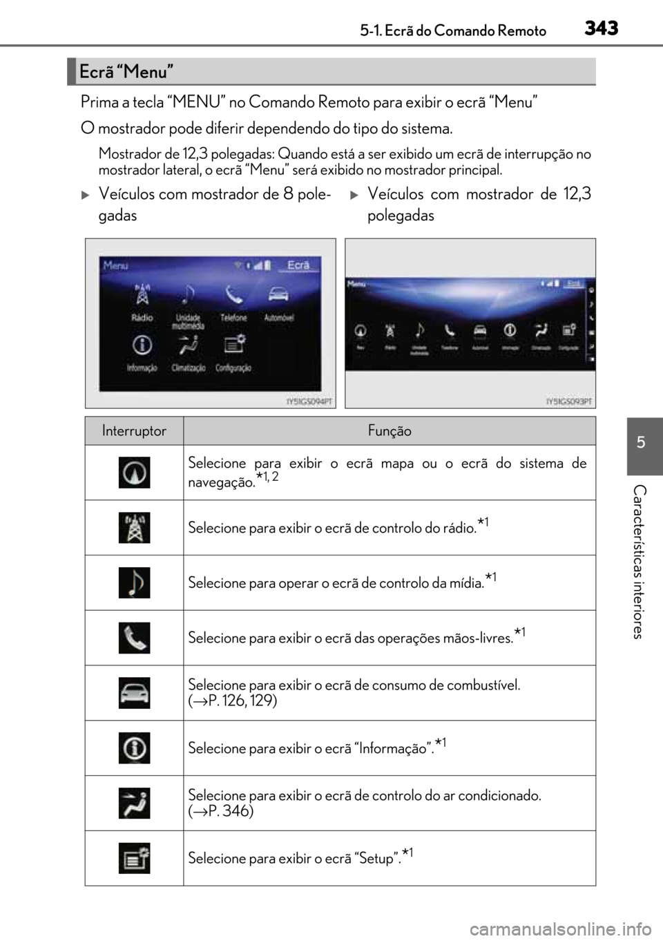 Lexus GS450h 2017 Manual do proprietário (in Portuguese) 343
343343 3435-1. Ecrã do Comando Remoto
5
Características interiores
Prima a tecla “MENU” no Comando Remoto para exibir o ecrã “Menu”
O mostrador pode diferir dependendo do tipo do sistem Lexus GS450h 2017 Manual do proprietário (in Portuguese) 343
343343 3435-1. Ecrã do Comando Remoto
5
Características interiores
Prima a tecla “MENU” no Comando Remoto para exibir o ecrã “Menu”
O mostrador pode diferir dependendo do tipo do sistem