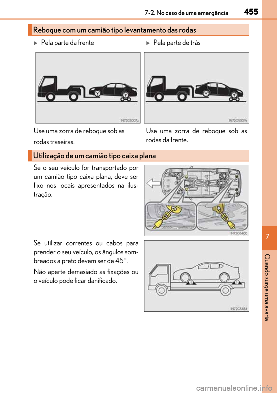 Lexus GS450h 2017  Manual do proprietário (in Portuguese) 455
455455 4557-2. No caso de uma emergência
7
Quando surge uma avaria
Se o seu veículo for transportado por
um camião tipo caixa plana, deve ser
fixo nos locais apresentados na ilus-
tração.
Se 