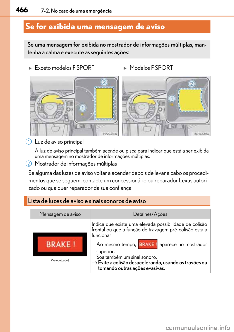 Lexus GS450h 2017  Manual do proprietário (in Portuguese) 466
466466 4667-2. No caso de uma emergência
Se for exibida uma mensagem de aviso 
Luz de aviso principal 
A luz de aviso principal também acende ou pisca para indicar que está a ser exibida
uma me