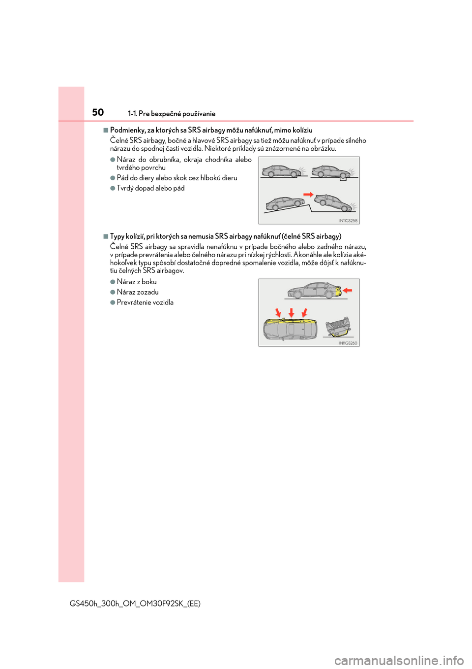 Lexus GS450h 2017  Užívateľská príručka (in Slovak) 501-1. Pre bezpečné používanie
GS450h_300h_OM_OM30F92SK_(EE)
■Podmienky, za ktorých sa SRS airbagy môžu nafúknuť, mimo kolíziu  
Čelné SRS airbagy, bočné a hlavové SRS airbag y sa tie
