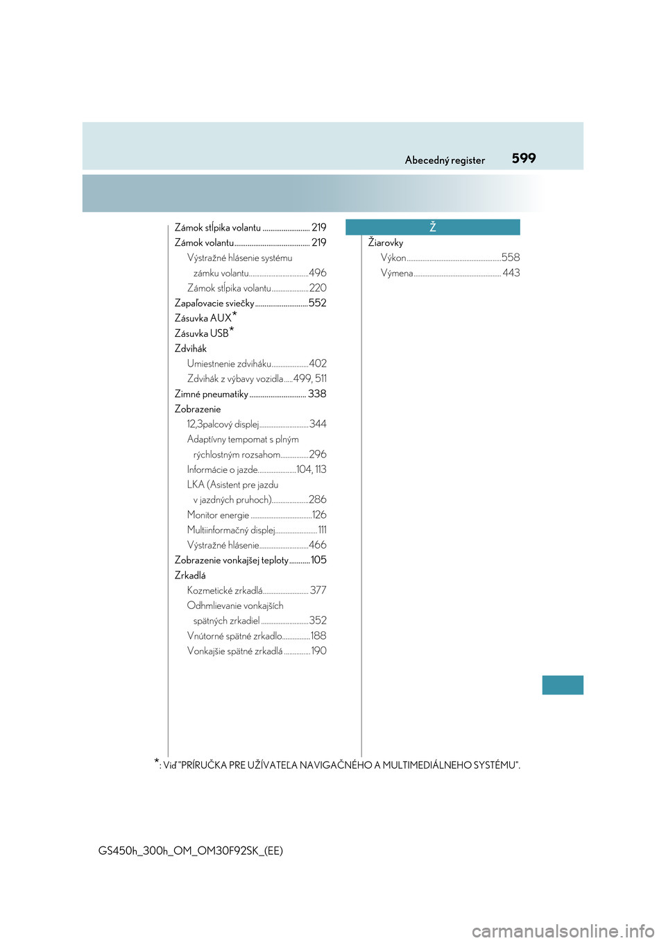 Lexus GS450h 2017  Užívateľská príručka (in Slovak) 599Abecedný register
GS450h_300h_OM_OM30F92SK_(EE)
Zámok stĺpika volantu ......................... 219
Zámok volantu........................................ 219
Výstražné hlásenie systému 
z�