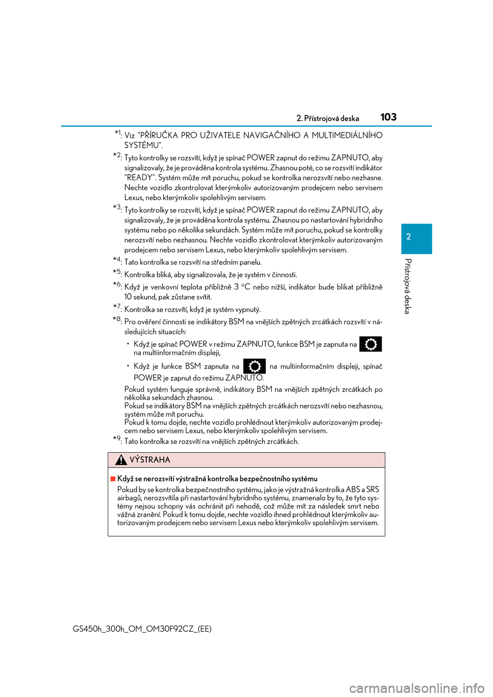 Lexus GS450h 2017  Návod k obsluze (in Czech) 1032. Přístrojová deska
2
Přístrojová deska
GS450h_300h_OM_OM30F92CZ_(EE)
*1: Viz "PŘÍRUČKA PRO UŽIVATELE NAVIGAČNÍHO A MULTIMEDIÁLNÍHO 
SYSTÉMU".
*2: Tyto kontrolky se rozsvítí, kdy�