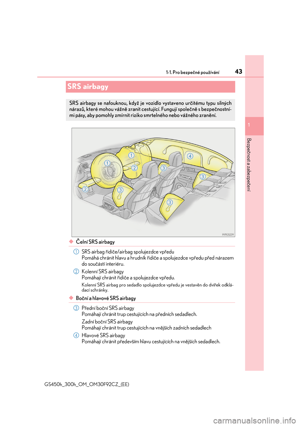 Lexus GS450h 2017  Návod k obsluze (in Czech) 431-1. Pro bezpečné používání
1 
GS450h_300h_OM_OM30F92CZ_(EE)
Bezpečnost a zabezpečení
SRS airbagy
◆Čelní SRS airbagy 
SRS airbag řidiče/airbag spolujezdce vpředu 
Pomáhá chránit h