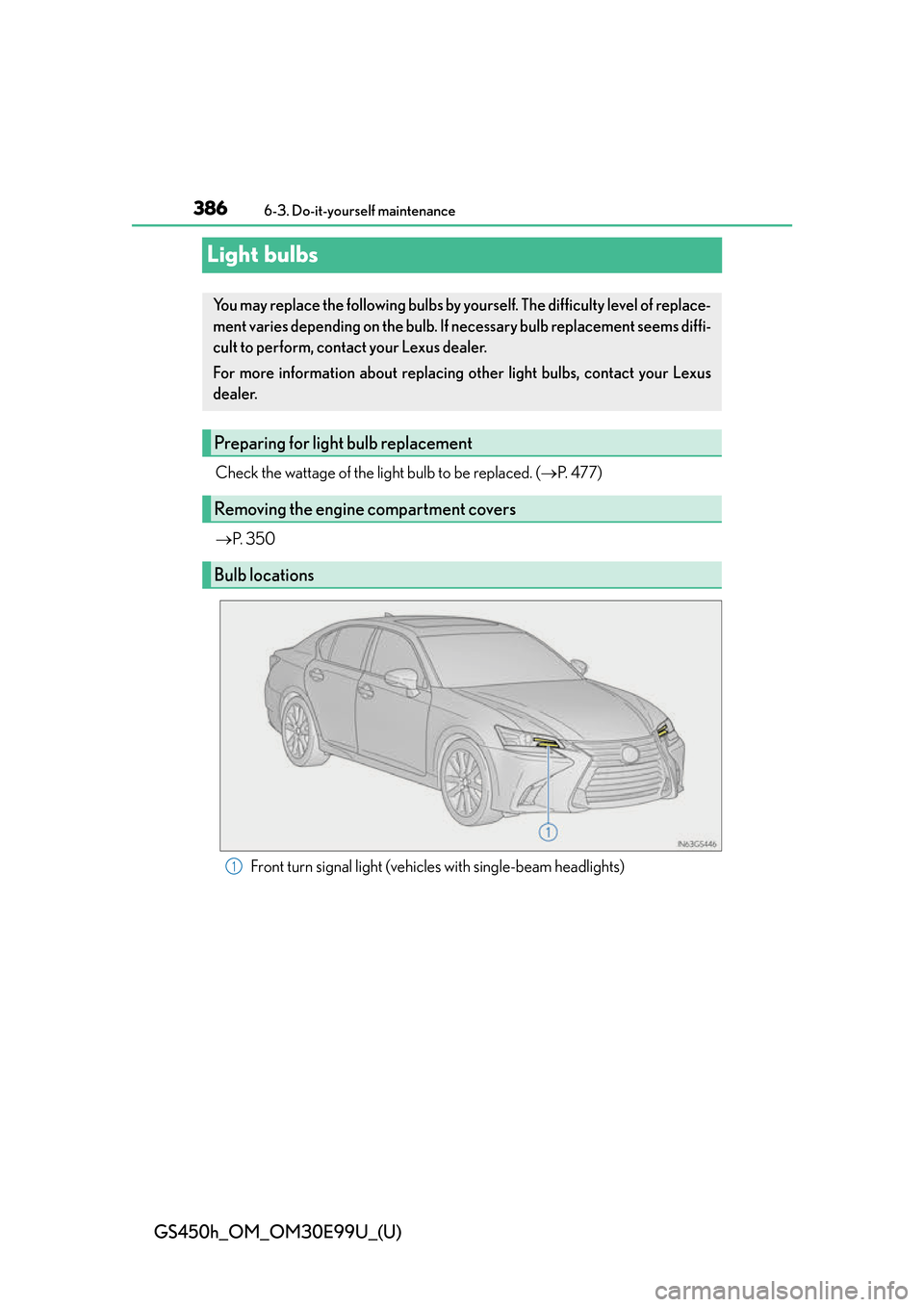 Lexus GS450h 2016  Owners Manual / LEXUS 2016 GS450H OWNERS MANUAL (OM30E99U) 386
GS450h_OM_OM30E99U_(U)
6-3. Do-it-yourself maintenance
Light bulbs
Check the wattage of the light bulb to be replaced. (P.  4 7 7 )
 P.  3 5 0
Front turn signal light (vehicles with single-b