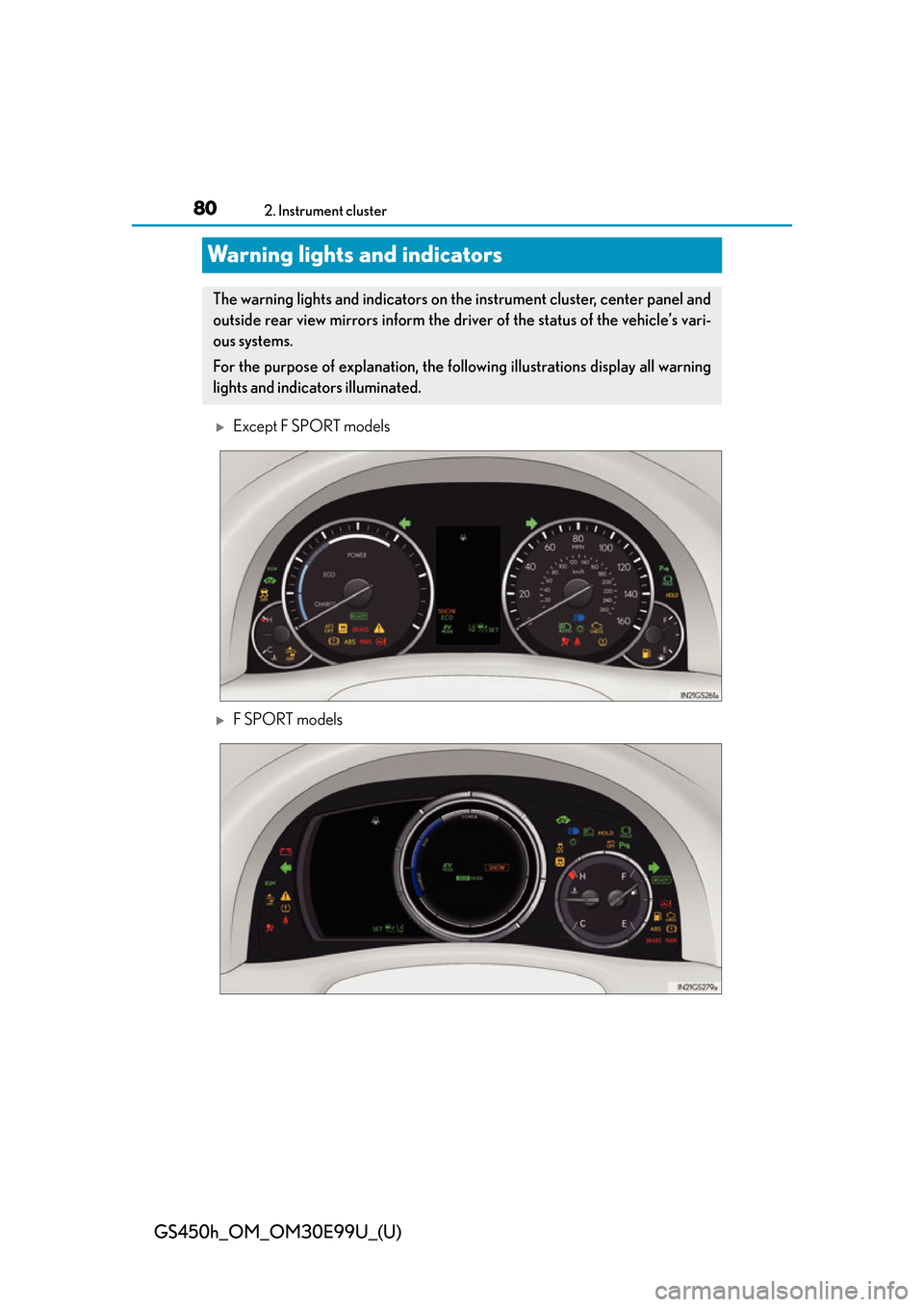 Lexus GS450h 2016 Owners Manual / LEXUS 2016 GS450H (OM30E99U) Manual PDF 80
GS450h_OM_OM30E99U_(U)
2. Instrument cluster
Warning lights and indicators
Except F SPORT models
F SPORT models
The warning lights and indicators on the instrument cluster, center panel and
o Lexus GS450h 2016 Owners Manual / LEXUS 2016 GS450H (OM30E99U) Manual PDF 80
GS450h_OM_OM30E99U_(U)
2. Instrument cluster
Warning lights and indicators
Except F SPORT models
F SPORT models
The warning lights and indicators on the instrument cluster, center panel and
o