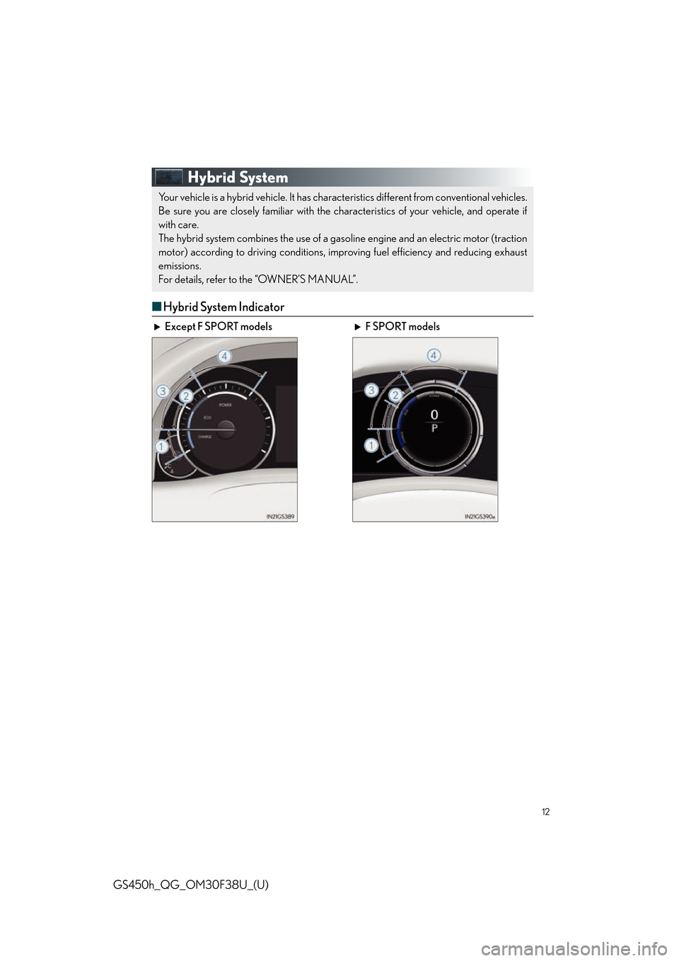 Lexus GS450h 2016 Owners Manual / LEXUS 2016 GS450H QUICK GUIDE (OM30F38U) User Guide 12
GS450h_QG_OM30F38U_(U)
Hybrid System
■Hybrid System Indicator
Your vehicle is a hybrid vehicle. It has characteristics different from conventional vehicles.
Be sure you are closely familiar with Lexus GS450h 2016 Owners Manual / LEXUS 2016 GS450H QUICK GUIDE (OM30F38U) User Guide 12
GS450h_QG_OM30F38U_(U)
Hybrid System
■Hybrid System Indicator
Your vehicle is a hybrid vehicle. It has characteristics different from conventional vehicles.
Be sure you are closely familiar with