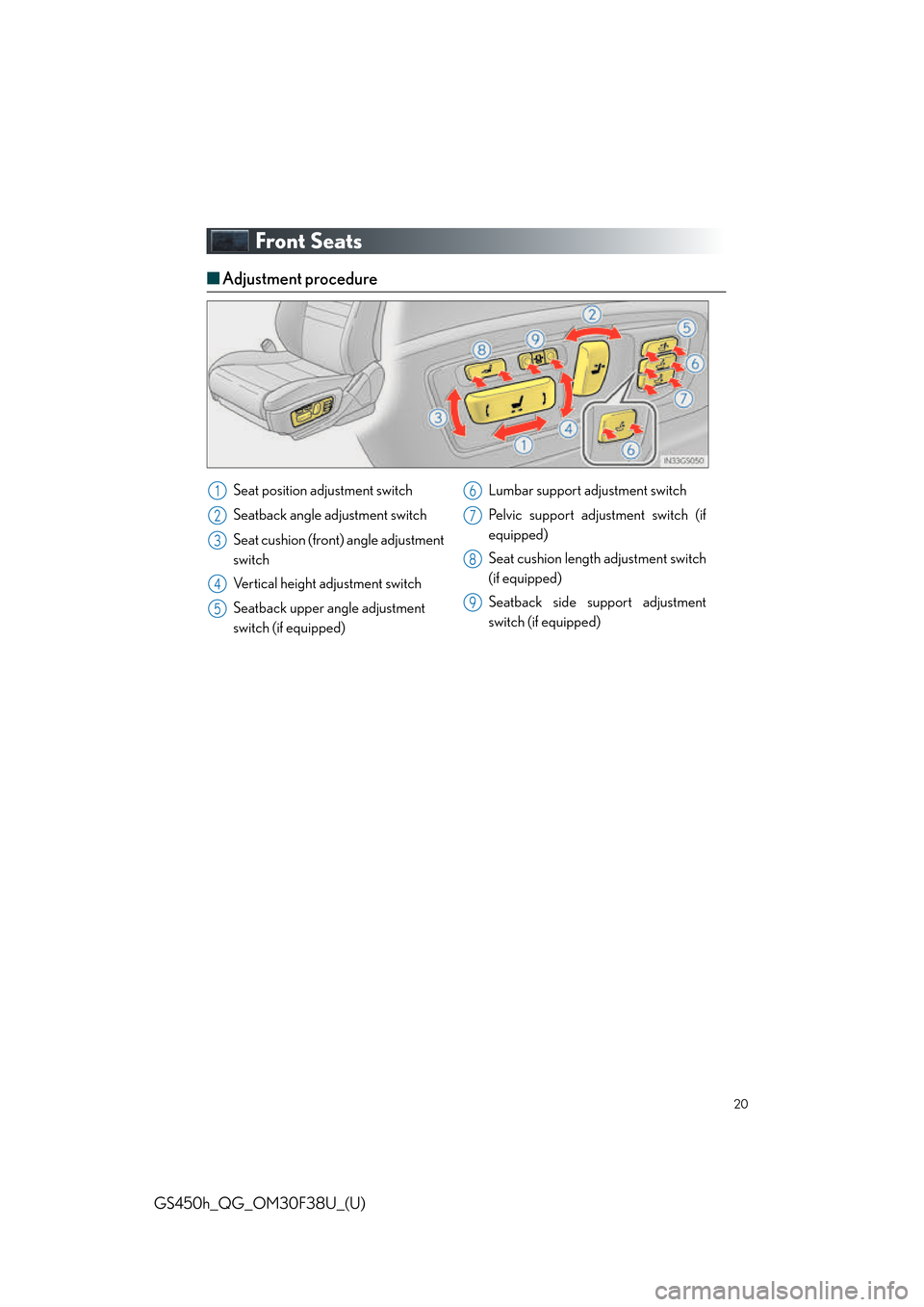 Lexus GS450h 2016  Owners Manual / LEXUS 2016 GS450H QUICK GUIDE  (OM30F38U) User Guide 20
GS450h_QG_OM30F38U_(U)
Front Seats
■Adjustment procedure
Seat position adjustment switch
Seatback angle adjustment switch
Seat cushion (front) angle adjustment 
switch
Vertical height adjustment 