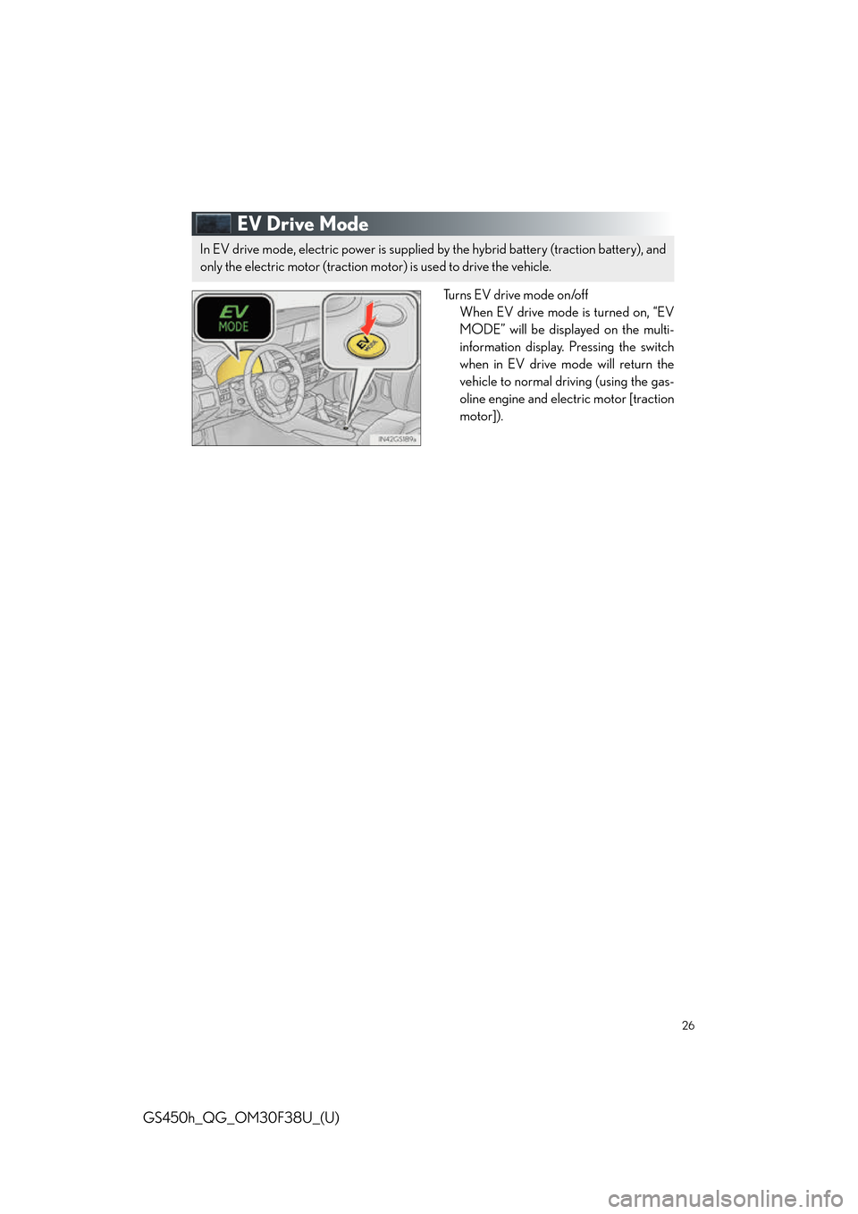 Lexus GS450h 2016 Owners Manual / LEXUS 2016 GS450H QUICK GUIDE (OM30F38U) Owners Manual 26
GS450h_QG_OM30F38U_(U)
EV Drive Mode
Turns EV drive mode on/offWhen EV drive mode is turned on, “EV
MODE” will be displayed on the multi-
information display. Pressing the switch
when in EV dri Lexus GS450h 2016 Owners Manual / LEXUS 2016 GS450H QUICK GUIDE (OM30F38U) Owners Manual 26
GS450h_QG_OM30F38U_(U)
EV Drive Mode
Turns EV drive mode on/offWhen EV drive mode is turned on, “EV
MODE” will be displayed on the multi-
information display. Pressing the switch
when in EV dri