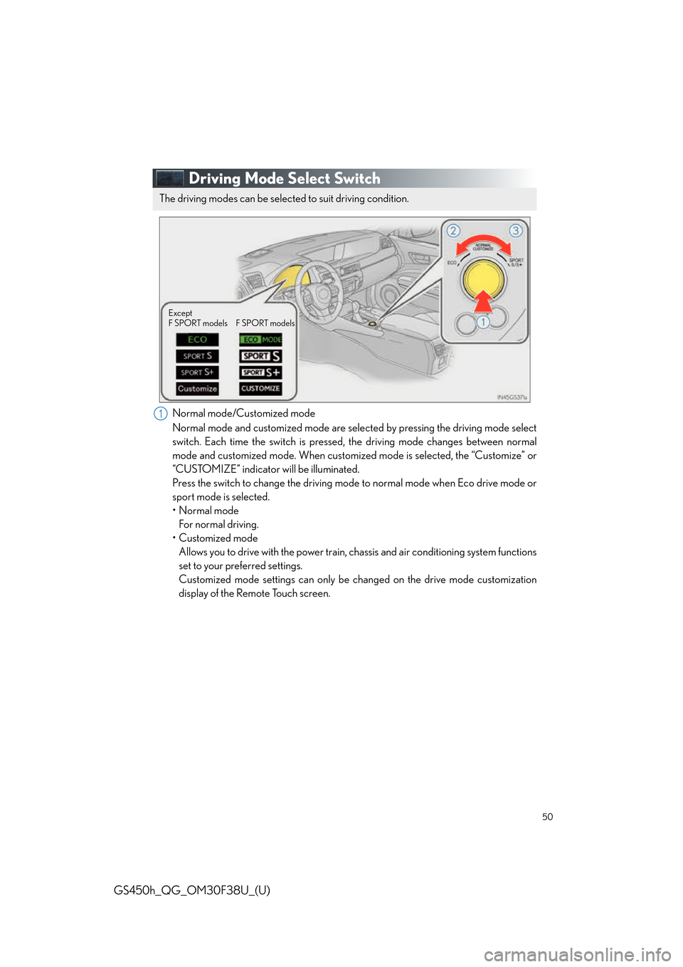 Lexus GS450h 2016  Owners Manual / LEXUS 2016 GS450H QUICK GUIDE  (OM30F38U) Service Manual 50
GS450h_QG_OM30F38U_(U)
Driving Mode Select Switch
Normal mode/Customized mode
Normal mode and customized mode are selected by pressing the driving mode select
switch. Each time the switch is presse