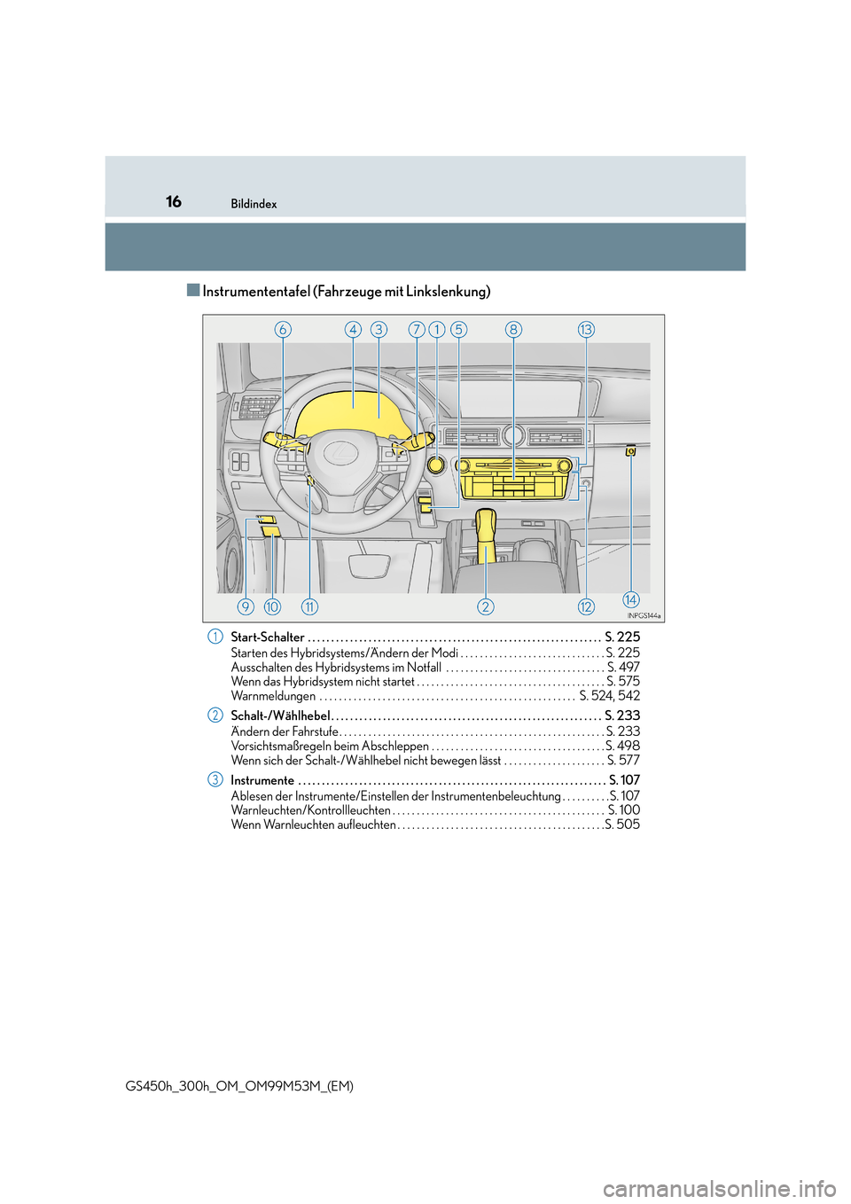 Lexus GS450h 2016  Betriebsanleitung (in German) 16Bildindex
GS450h_300h_OM_OM99M53M_(EM)
■Instrumententafel (Fahrzeuge mit Linkslenkung)
Start-Schalter  . . . . . . . . . . . . . . . . . . . . . . . . . . . . . . . . . . . . . . . . . . . . . . .
