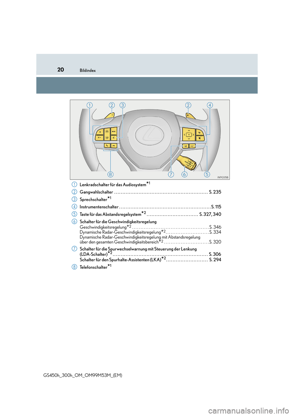 Lexus GS450h 2016  Betriebsanleitung (in German) 20Bildindex
GS450h_300h_OM_OM99M53M_(EM)Lenkradschalter für das Audiosystem
*1
Gangwahlschalter  . . . . . . . . . . . . . . . . . . . . . . . . . . . . . . . . . . . . . . . . . . . . . . . . . . . 
