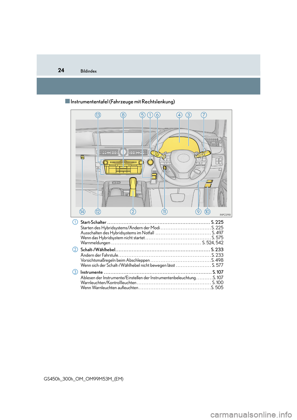 Lexus GS450h 2016  Betriebsanleitung (in German) 24Bildindex
GS450h_300h_OM_OM99M53M_(EM)
■Instrumententafel (Fahrzeuge mit Rechtslenkung)
Start-Schalter  . . . . . . . . . . . . . . . . . . . . . . . . . . . . . . . . . . . . . . . . . . . . . . 