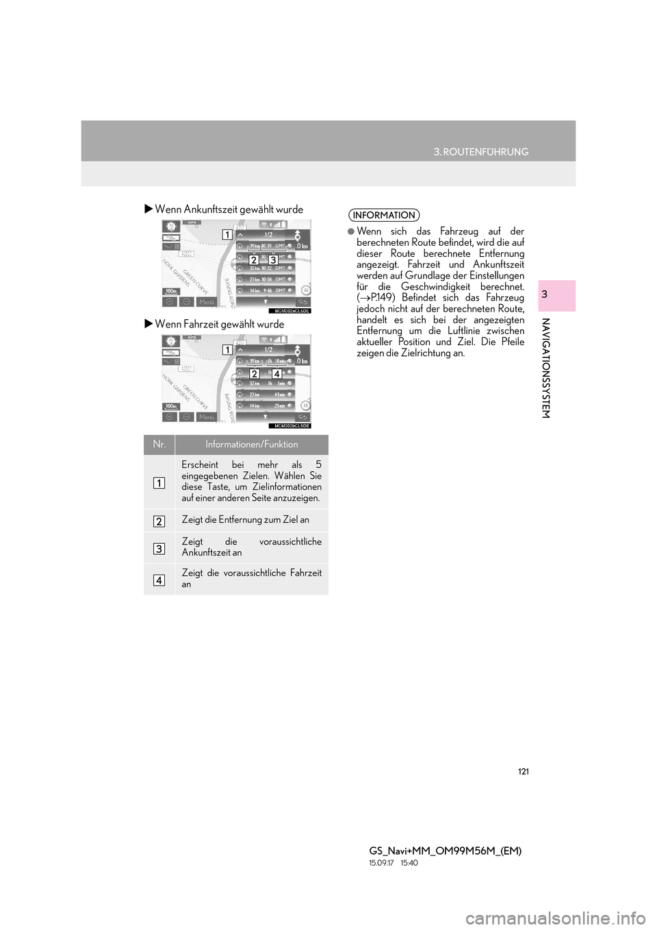 Lexus GS450h 2016  Navigationshandbuch (in German) 121
3. ROUTENFÜHRUNG
GS_Navi+MM_OM99M56M_(EM)
15.09.17     15:40
NAVIGATIONSSYSTEM
3
�XWenn Ankunftszeit gewählt wurde
�X Wenn Fahrzeit gewählt wurde
Nr.Informationen/Funktion
Erscheint bei mehr al