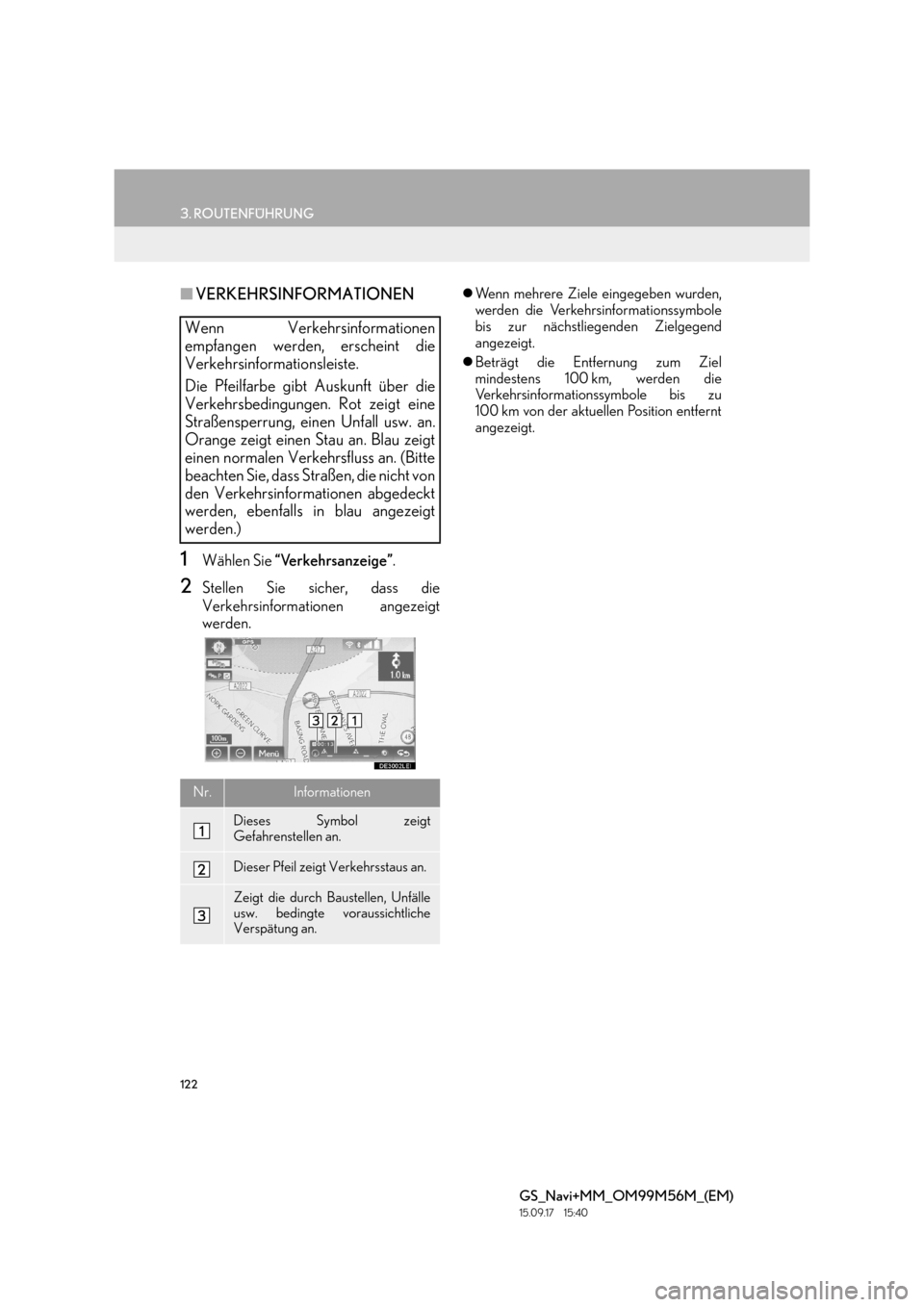 Lexus GS450h 2016  Navigationshandbuch (in German) 122
3. ROUTENFÜHRUNG
GS_Navi+MM_OM99M56M_(EM)
15.09.17     15:40
■VERKEHRSINFORMATIONEN
1Wählen Sie  “Verkehrsanzeige” .
2Stellen Sie sicher, dass die
Verkehrsinformationen angezeigt
werden.
�