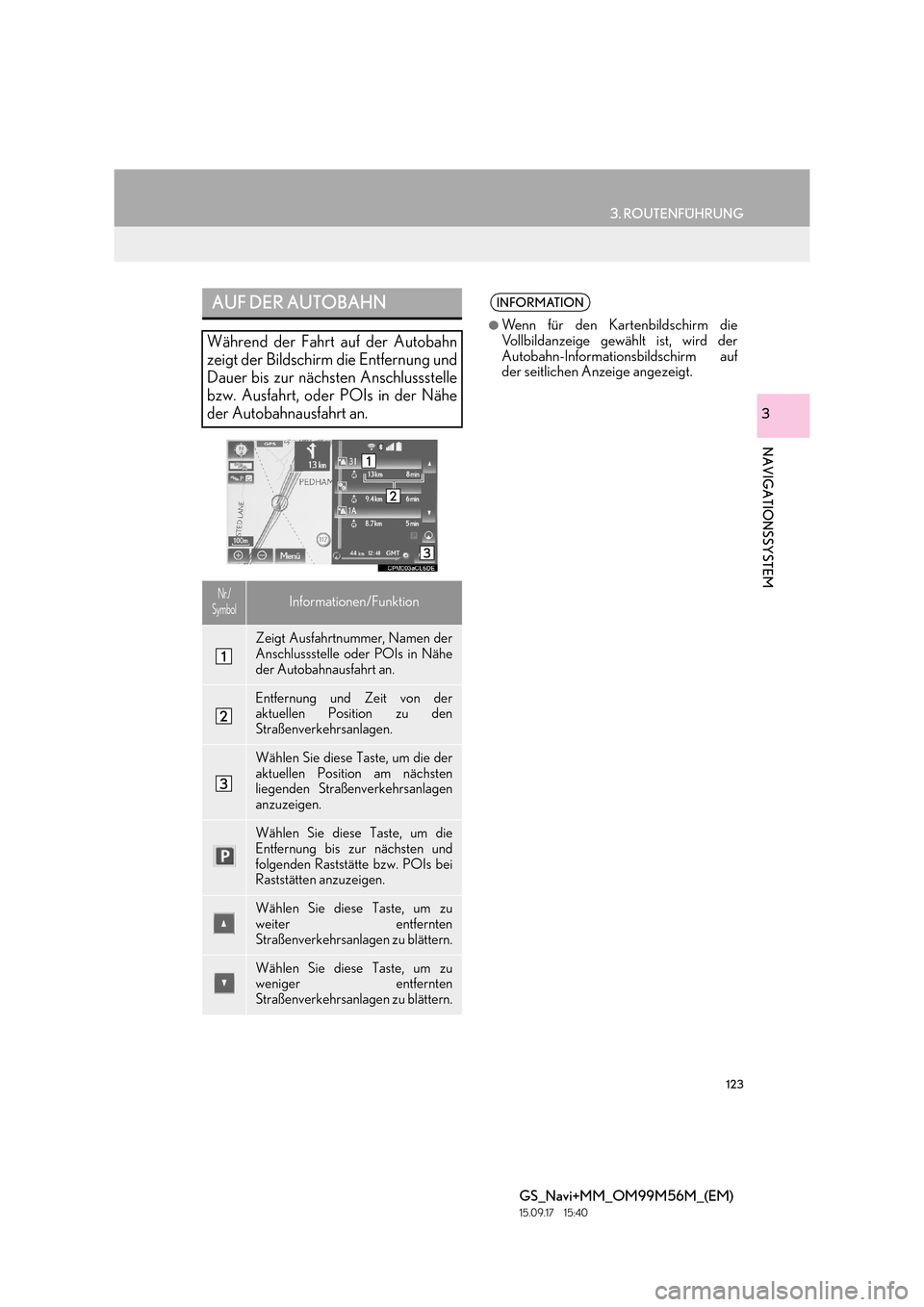 Lexus GS450h 2016  Navigationshandbuch (in German) 123
3. ROUTENFÜHRUNG
GS_Navi+MM_OM99M56M_(EM)
15.09.17     15:40
NAVIGATIONSSYSTEM
3
AUF DER AUTOBAHN
Während der Fahrt auf der Autobahn
zeigt der Bildschirm die Entfernung und
Dauer bis zur nächst