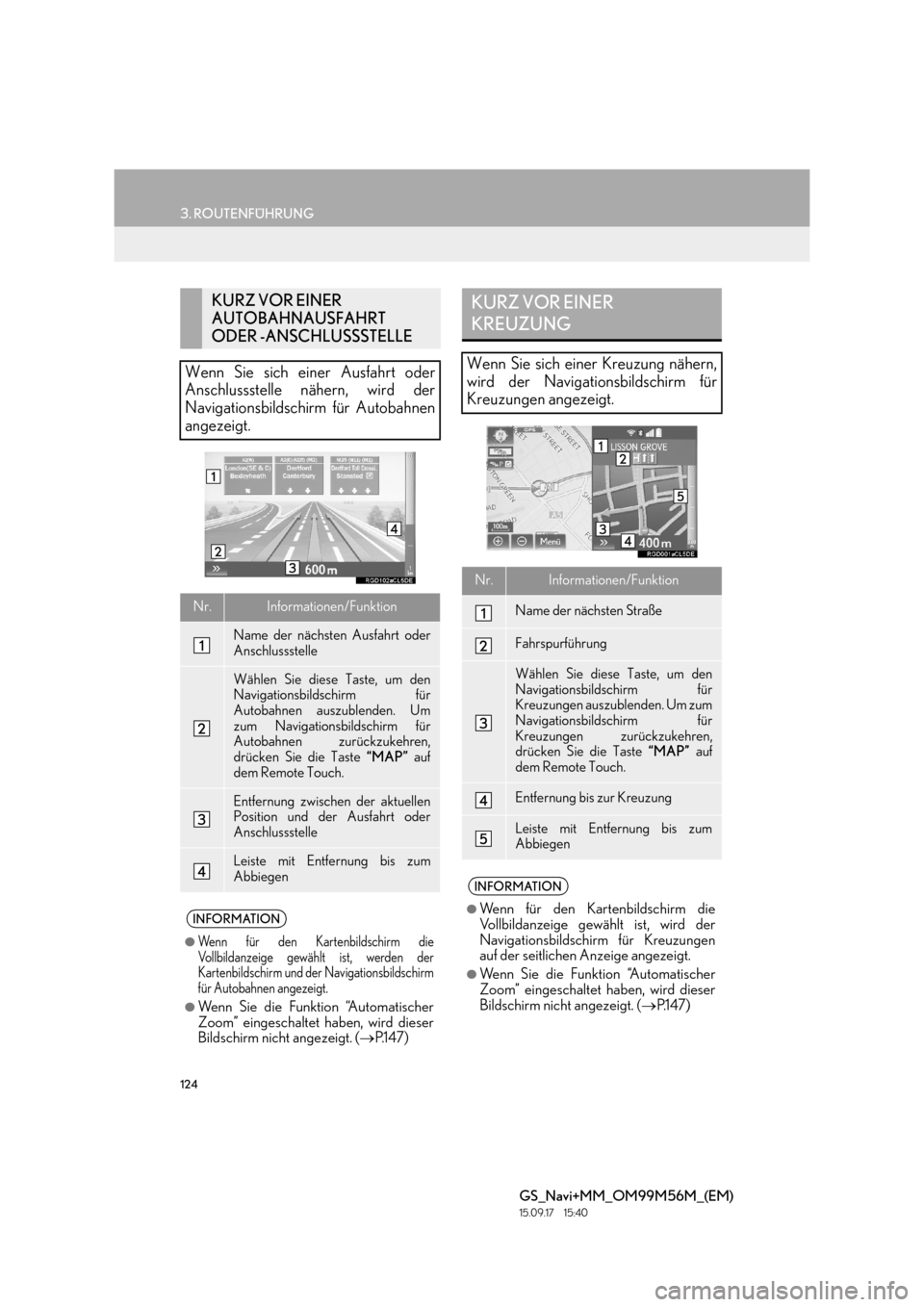 Lexus GS450h 2016  Navigationshandbuch (in German) 124
3. ROUTENFÜHRUNG
GS_Navi+MM_OM99M56M_(EM)
15.09.17     15:40
KURZ VOR EINER 
AUTOBAHNAUSFAHRT 
ODER -ANSCHLUSSSTELLE
Wenn Sie sich einer Ausfahrt oder
Anschlussstelle nähern, wird der
Navigation