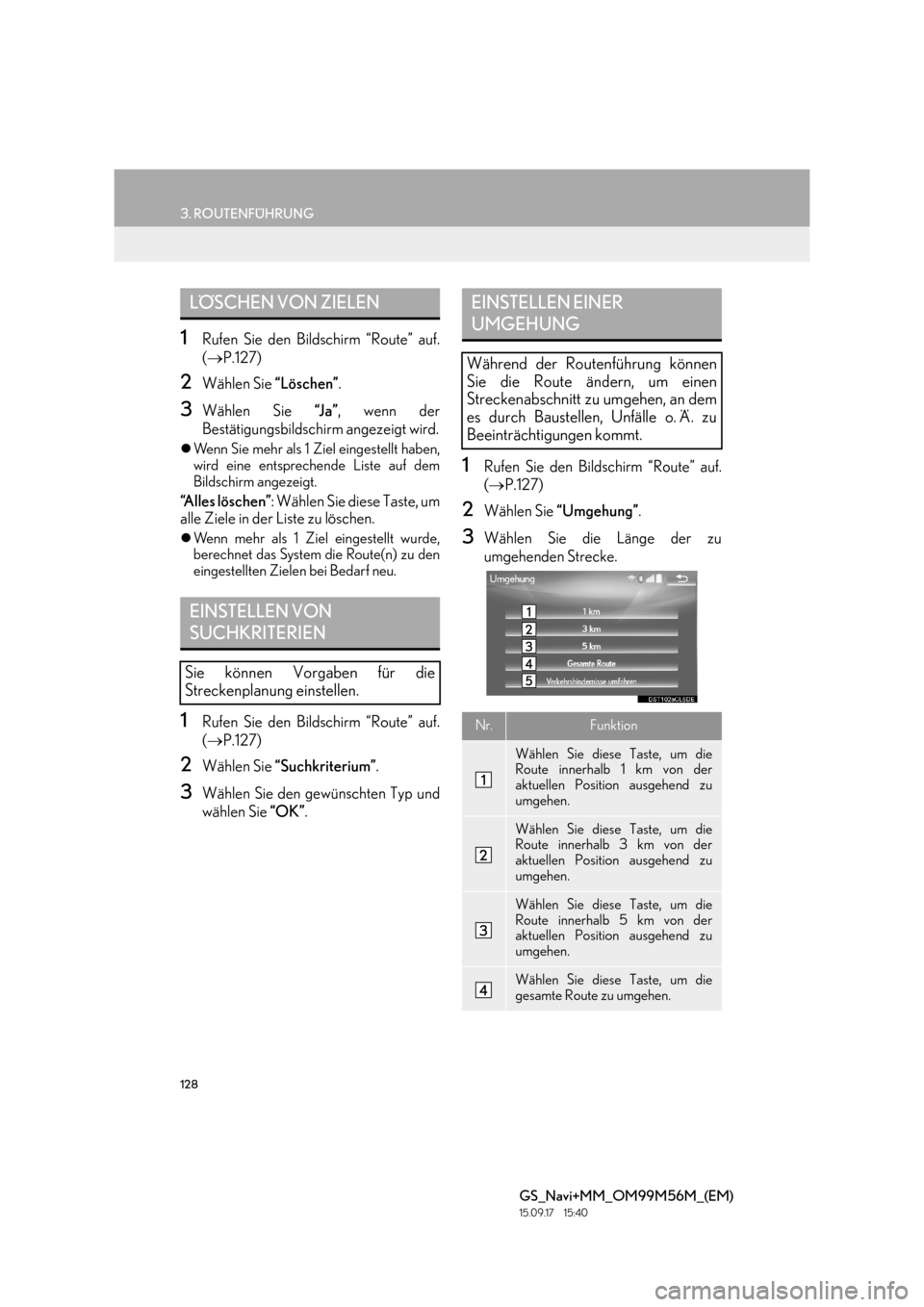 Lexus GS450h 2016  Navigationshandbuch (in German) 128
3. ROUTENFÜHRUNG
GS_Navi+MM_OM99M56M_(EM)
15.09.17     15:40
1Rufen Sie den Bildschirm “Route” auf.
(→ P.127)
2Wählen Sie  “Löschen”.
3Wählen Sie  “J a ”, wenn der
Bestätigungsb