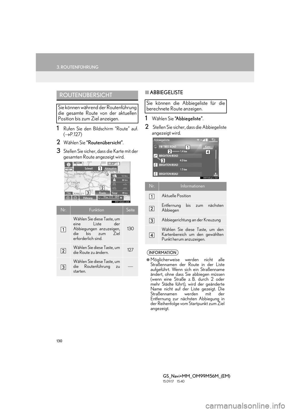 Lexus GS450h 2016  Navigationshandbuch (in German) 130
3. ROUTENFÜHRUNG
GS_Navi+MM_OM99M56M_(EM)
15.09.17     15:40
1Rufen Sie den Bildschirm “Route” auf.
(→ P.127)
2Wählen Sie  “Routenübersicht” .
3Stellen Sie sicher, dass die Karte mit 