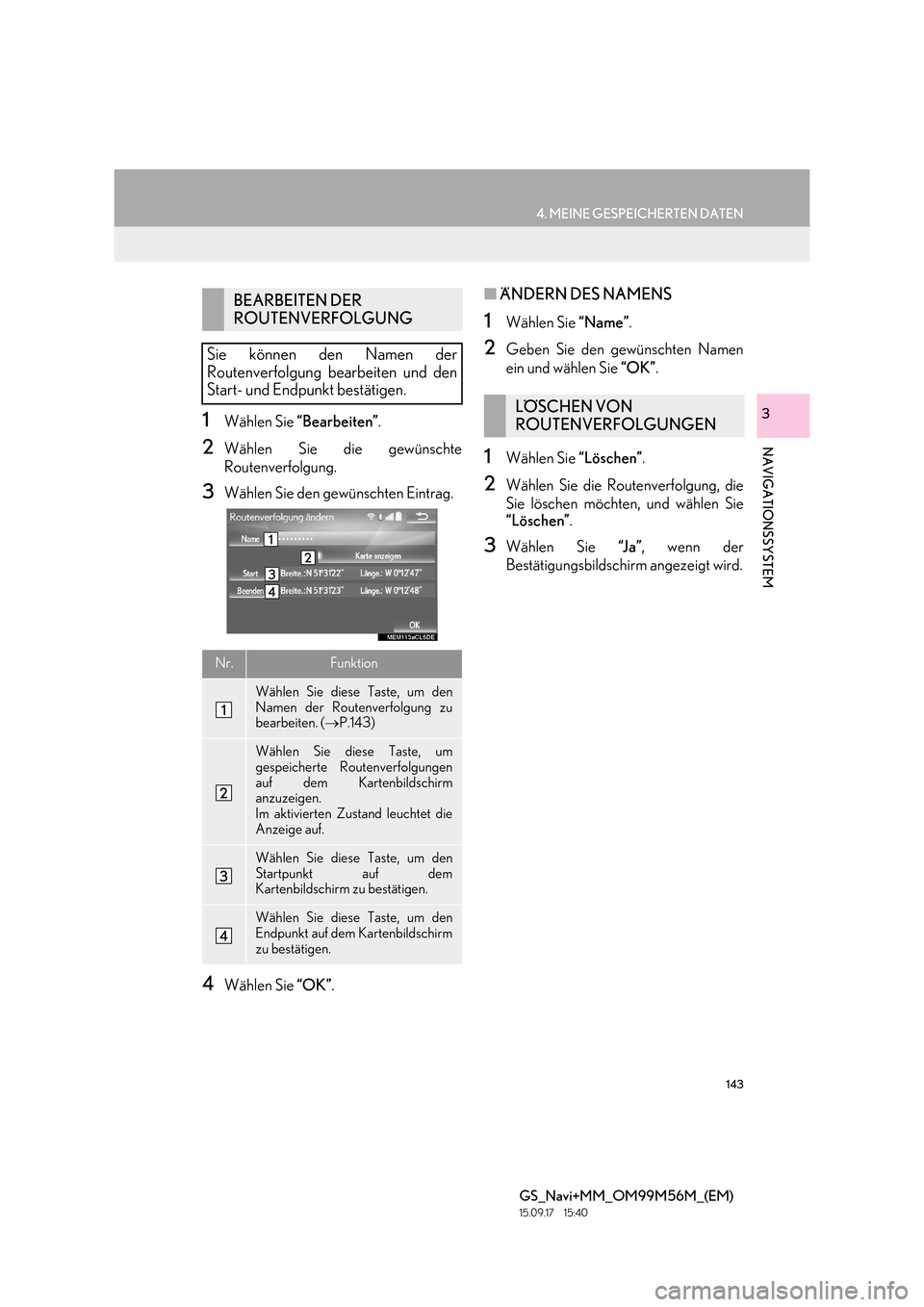 Lexus GS450h 2016  Navigationshandbuch (in German) 143
4. MEINE GESPEICHERTEN DATEN
GS_Navi+MM_OM99M56M_(EM)
15.09.17     15:40
NAVIGATIONSSYSTEM
31Wählen Sie “Bearbeiten” .
2Wählen Sie die gewünschte
Routenverfolgung.
3Wählen Sie den gewünsc