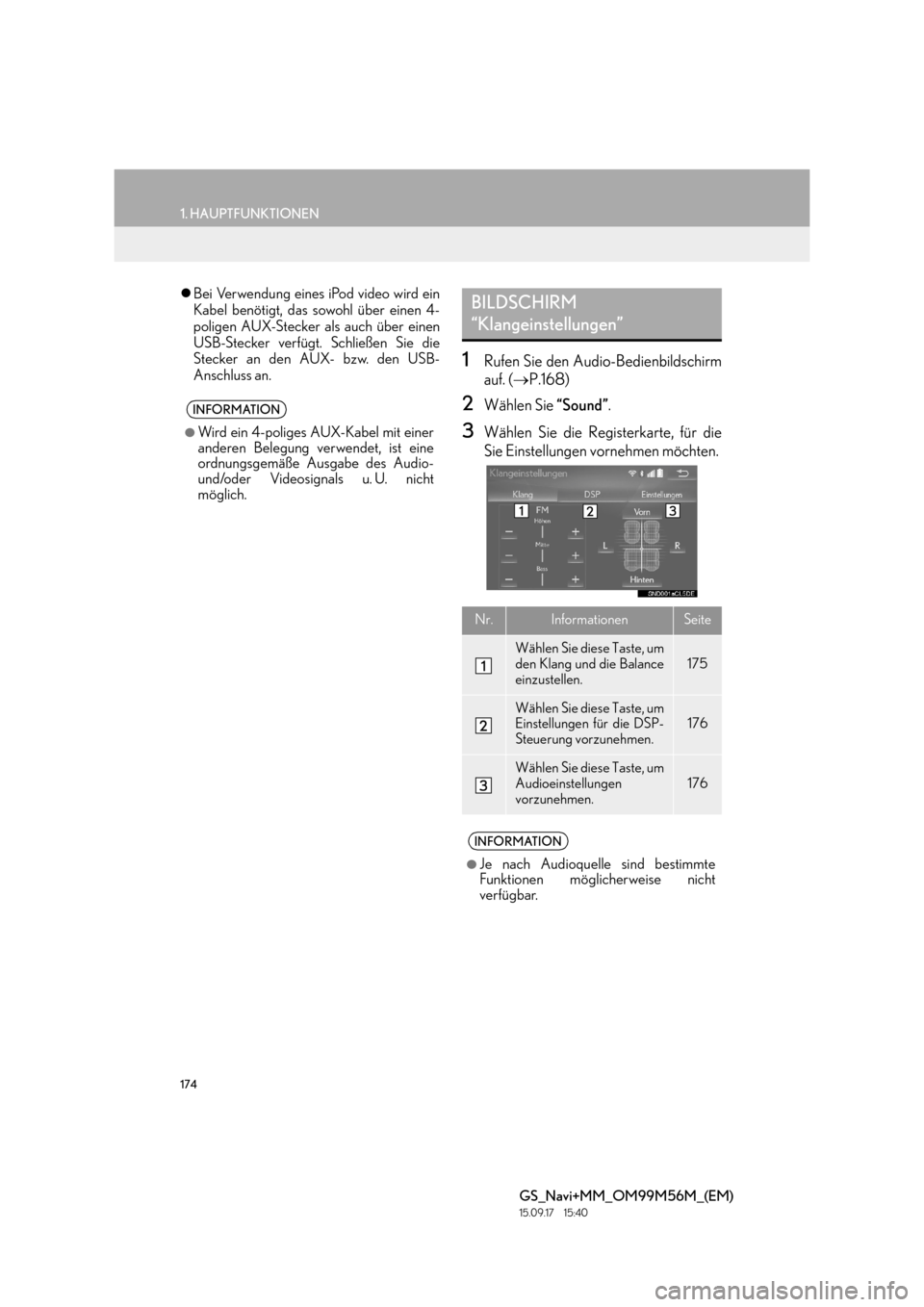 Lexus GS450h 2016  Navigationshandbuch (in German) 174
1. HAUPTFUNKTIONEN
GS_Navi+MM_OM99M56M_(EM)
15.09.17     15:40
�zBei Verwendung eines iPod video wird ein
Kabel benötigt, das sowohl über einen 4-
poligen AUX-Stecker als auch über einen
USB-St