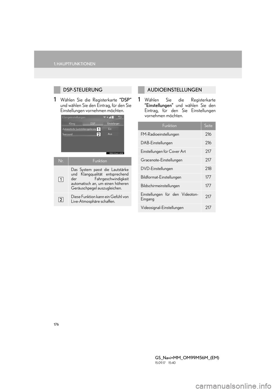 Lexus GS450h 2016  Navigationshandbuch (in German) 176
1. HAUPTFUNKTIONEN
GS_Navi+MM_OM99M56M_(EM)
15.09.17     15:40
1Wählen Sie die Registerkarte “DSP”
und wählen Sie den Eintrag, für den Sie
Einstellungen vornehmen möchten.1Wählen Sie die 
