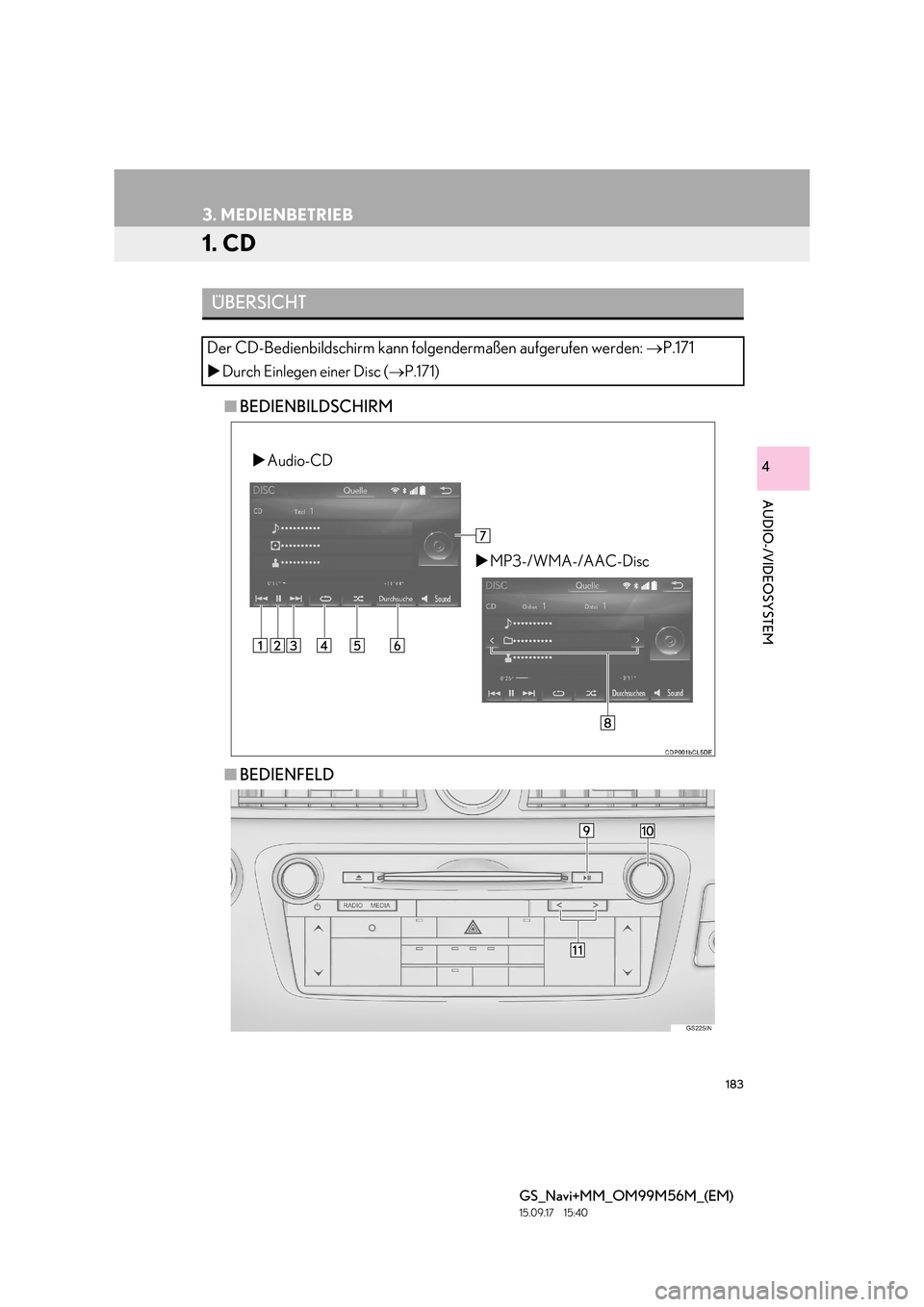Lexus GS450h 2016  Navigationshandbuch (in German) 183
GS_Navi+MM_OM99M56M_(EM)
15.09.17     15:40
AUDIO-/VIDEOSYSTEM
4
3. MEDIENBETRIEB
1. CD
■BEDIENBILDSCHIRM
■ BEDIENFELD
ÜBERSICHT
Der CD-Bedienbildschirm kann folgendermaßen aufgerufen werden