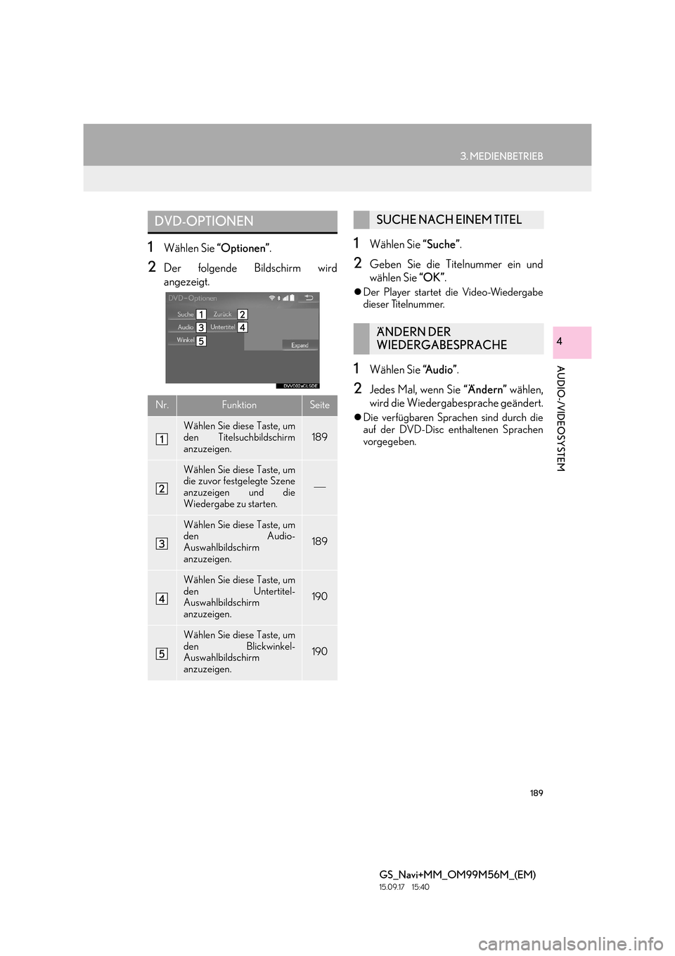 Lexus GS450h 2016  Navigationshandbuch (in German) 189
3. MEDIENBETRIEB
GS_Navi+MM_OM99M56M_(EM)
15.09.17     15:40
AUDIO-/VIDEOSYSTEM
4
1Wählen Sie “Optionen”.
2Der folgende Bildschirm wird
angezeigt. 
1Wählen Sie  “Suche”.
2Geben Sie die T