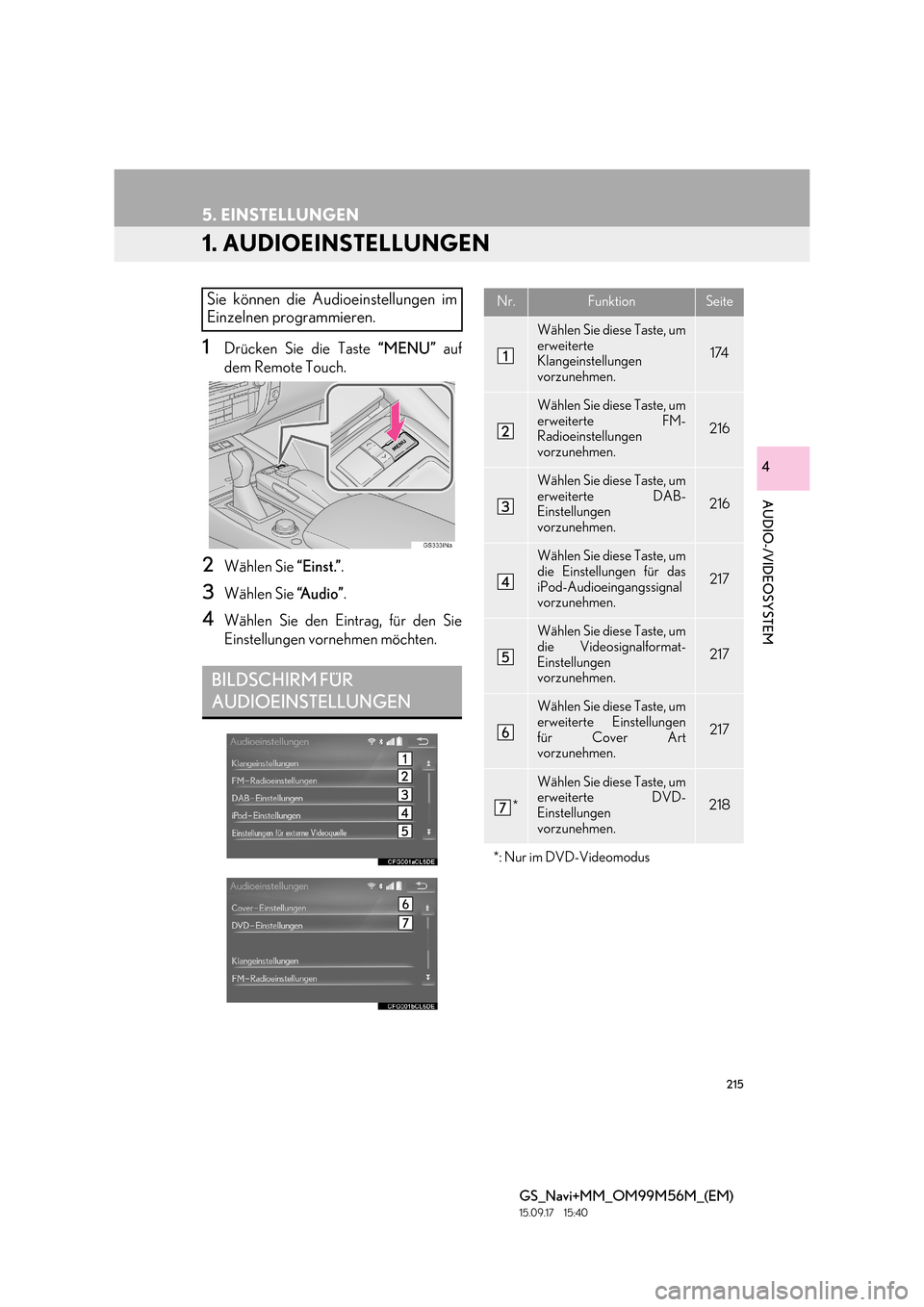 Lexus GS450h 2016  Navigationshandbuch (in German) 215
GS_Navi+MM_OM99M56M_(EM)
15.09.17     15:40
AUDIO-/VIDEOSYSTEM
4
5. EINSTELLUNGEN
1. AUDIOEINSTELLUNGEN
1Drücken Sie die Taste “MENU” auf
dem Remote Touch.
2Wählen Sie  “Einst.”.
3Wähle