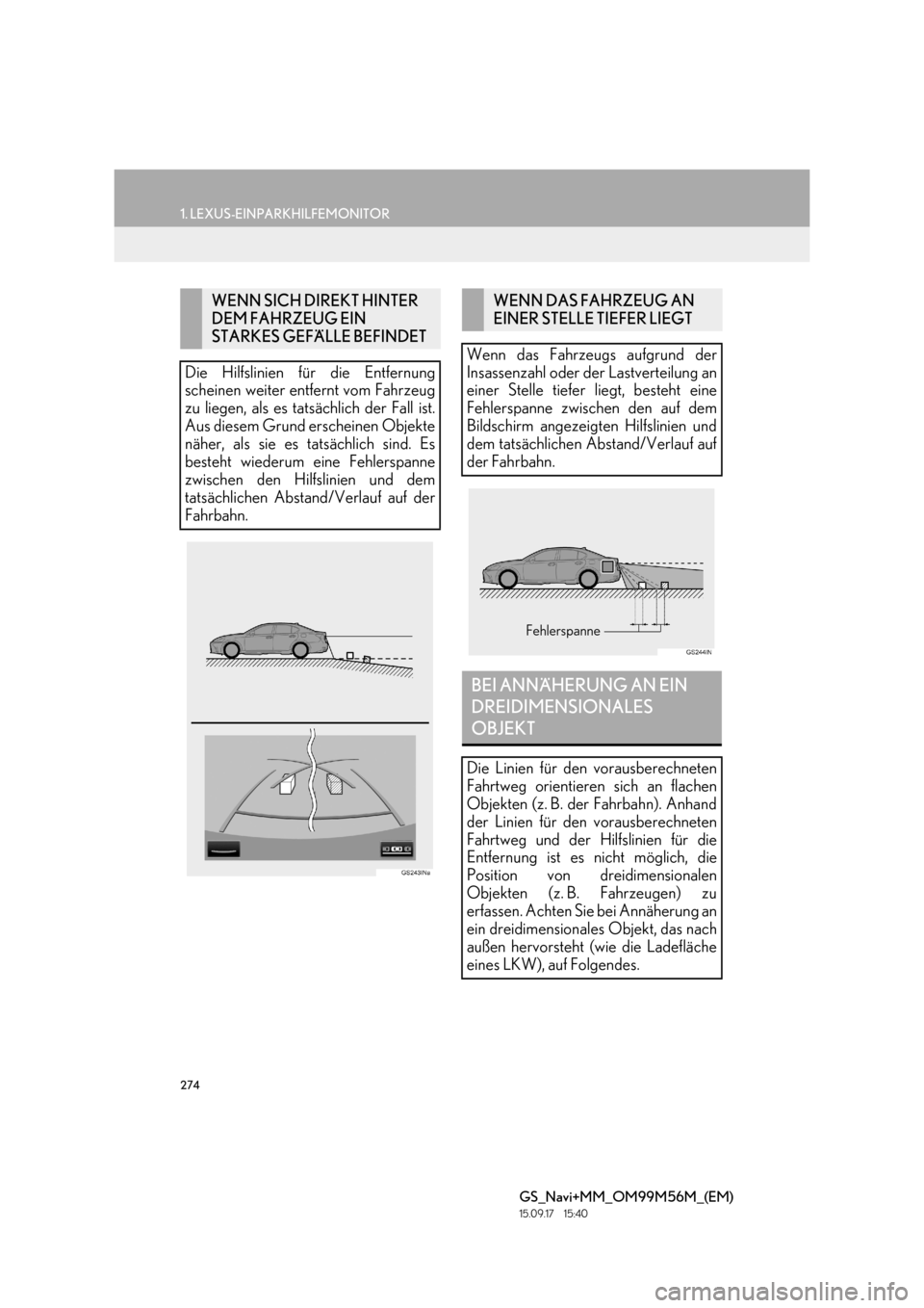 Lexus GS450h 2016  Navigationshandbuch (in German) 274
1. LEXUS-EINPARKHILFEMONITOR
GS_Navi+MM_OM99M56M_(EM)
15.09.17     15:40
WENN SICH DIREKT HINTER 
DEM FAHRZEUG EIN 
STARKES GEFÄLLE BEFINDET
Die Hilfslinien für die Entfernung
scheinen weiter en