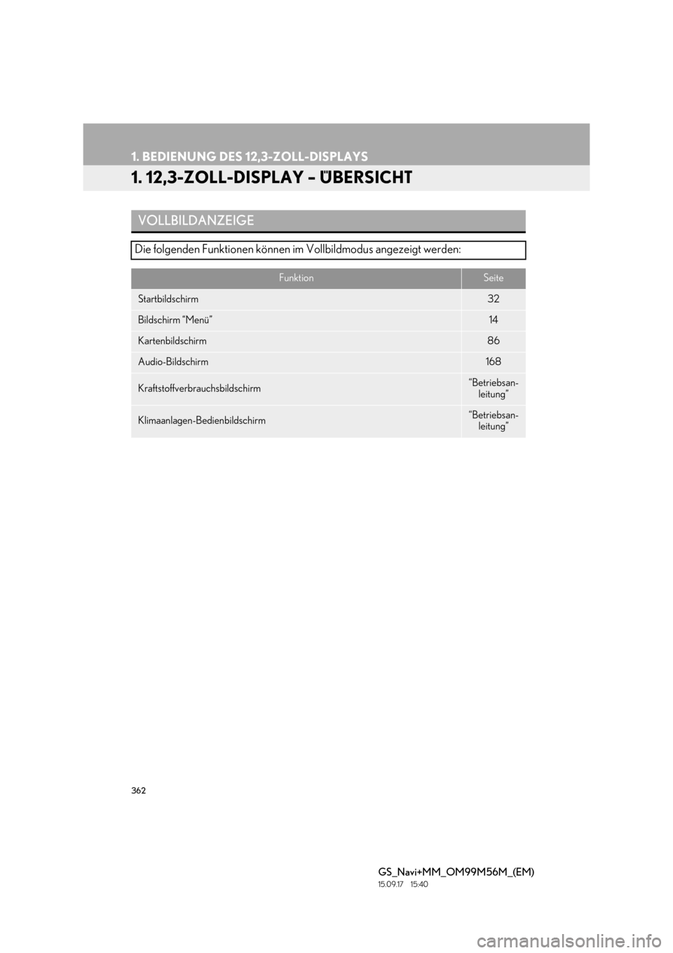 Lexus GS450h 2016  Navigationshandbuch (in German) 362
GS_Navi+MM_OM99M56M_(EM)
15.09.17     15:40
1. BEDIENUNG DES 12,3-ZOLL-DISPLAYS
1. 12,3-ZOLL-DISPLAY – ÜBERSICHT
VOLLBILDANZEIGE
Die folgenden Funktionen können im Vollbildmodus angezeigt werd