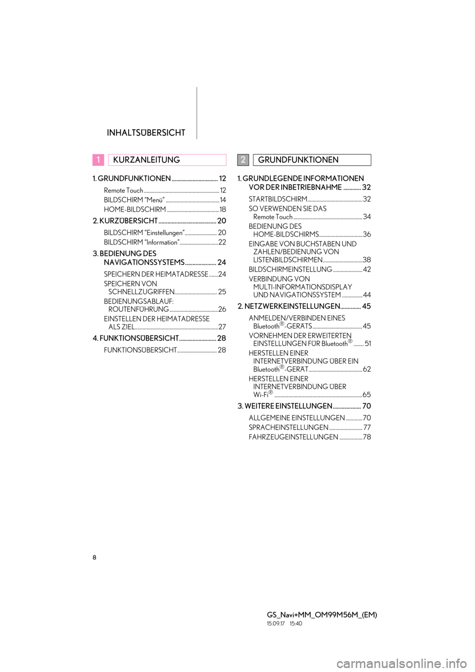 Lexus GS450h 2016 Navigationshandbuch (in German) INHALTSÜBERSICHT
8
GS_Navi+MM_OM99M56M_(EM)
15.09.17 15:40
1. GRUNDFUNKTIONEN ............................... 12
Remote Touch ........................................................... 12
BILDSC Lexus GS450h 2016 Navigationshandbuch (in German) INHALTSÜBERSICHT
8
GS_Navi+MM_OM99M56M_(EM)
15.09.17 15:40
1. GRUNDFUNKTIONEN ............................... 12
Remote Touch ........................................................... 12
BILDSC