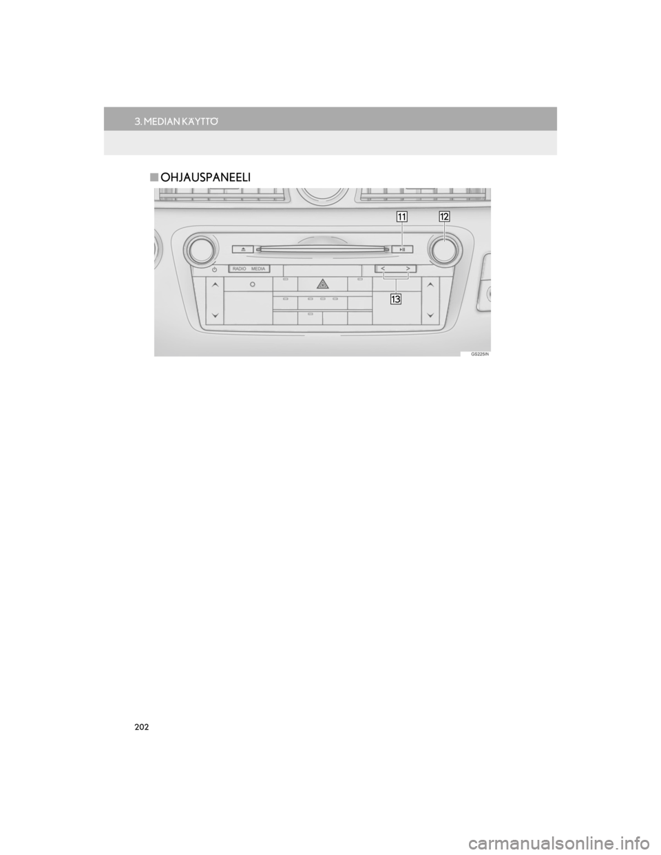 Lexus GS450h 2016 Navigointi manuaalinen (in Finnish) 202
3. MEDIAN KÄYTTÖ
OM30G25FI
nOHJAUSPANEELI
OM30G25FI.book Page 202 Frid ay, September 23, 2016 4:54 PM Lexus GS450h 2016 Navigointi manuaalinen (in Finnish) 202
3. MEDIAN KÄYTTÖ
OM30G25FI
nOHJAUSPANEELI
OM30G25FI.book Page 202 Frid ay, September 23, 2016 4:54 PM