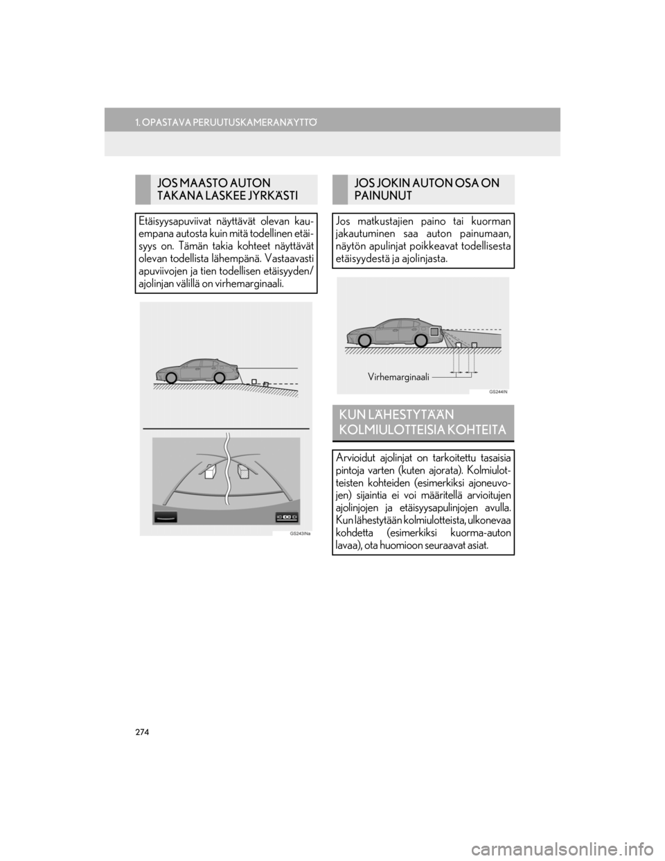 Lexus GS450h 2016 Navigointi manuaalinen (in Finnish) 274
1. OPASTAVA PERUUTUSKAMERANÄYTTÖ
OM30G25FI
JOS MAASTO AUTON
TAKANA LASKEE JYRKÄSTI
Etäisyysapuviivat näyttävät olevan kau-
empana autosta kuin mitä todellinen etäi-
syys on. Tämän taki Lexus GS450h 2016 Navigointi manuaalinen (in Finnish) 274
1. OPASTAVA PERUUTUSKAMERANÄYTTÖ
OM30G25FI
JOS MAASTO AUTON
TAKANA LASKEE JYRKÄSTI
Etäisyysapuviivat näyttävät olevan kau-
empana autosta kuin mitä todellinen etäi-
syys on. Tämän taki