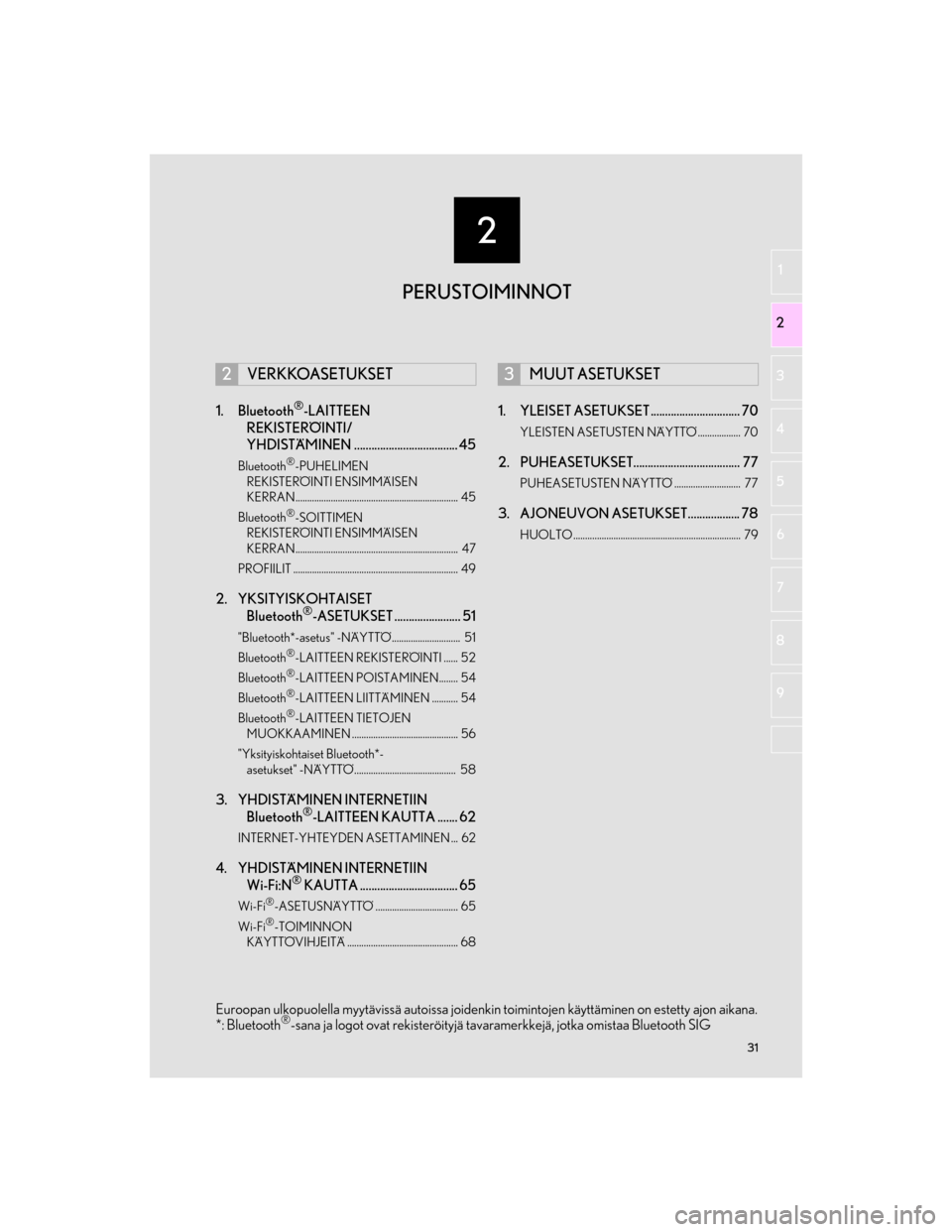 Lexus GS450h 2016 Navigointi manuaalinen (in Finnish) 2
31
OM30G25FI
1
2
3 4
5 6
7
8 9
1. Bluetooth®-LAITTEEN
REKISTERÖINTI/
YHDISTÄMINEN .................................... 45
Bluetooth®-PUHELIMEN
REKISTERÖINTI ENSIMMÄISEN
KERRAN.............. Lexus GS450h 2016 Navigointi manuaalinen (in Finnish) 2
31
OM30G25FI
1
2
3 4
5 6
7
8 9
1. Bluetooth®-LAITTEEN
REKISTERÖINTI/
YHDISTÄMINEN .................................... 45
Bluetooth®-PUHELIMEN
REKISTERÖINTI ENSIMMÄISEN
KERRAN..............