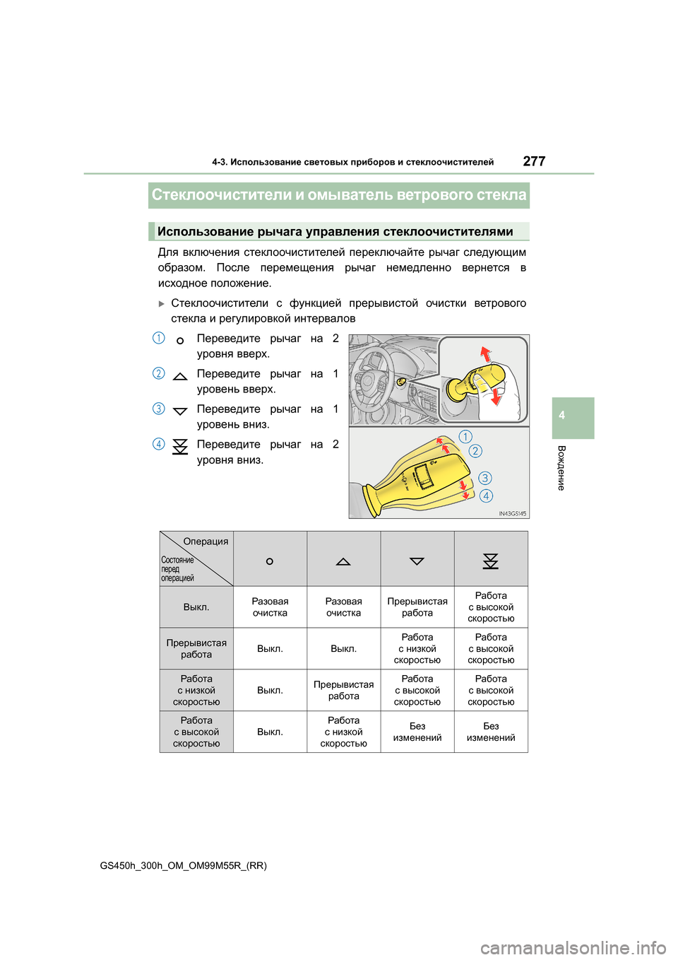 Lexus GS450h 2016 Инструкция по эксплуатации (in Russian) 277
4
4-3. Использование световых приборов и стеклоочистителей
Вождение
GS450h_300h_OM_OM99M55R_(RR)
Стеклоочистители и о Lexus GS450h 2016 Инструкция по эксплуатации (in Russian) 277
4
4-3. Использование световых приборов и стеклоочистителей
Вождение
GS450h_300h_OM_OM99M55R_(RR)
Стеклоочистители и о