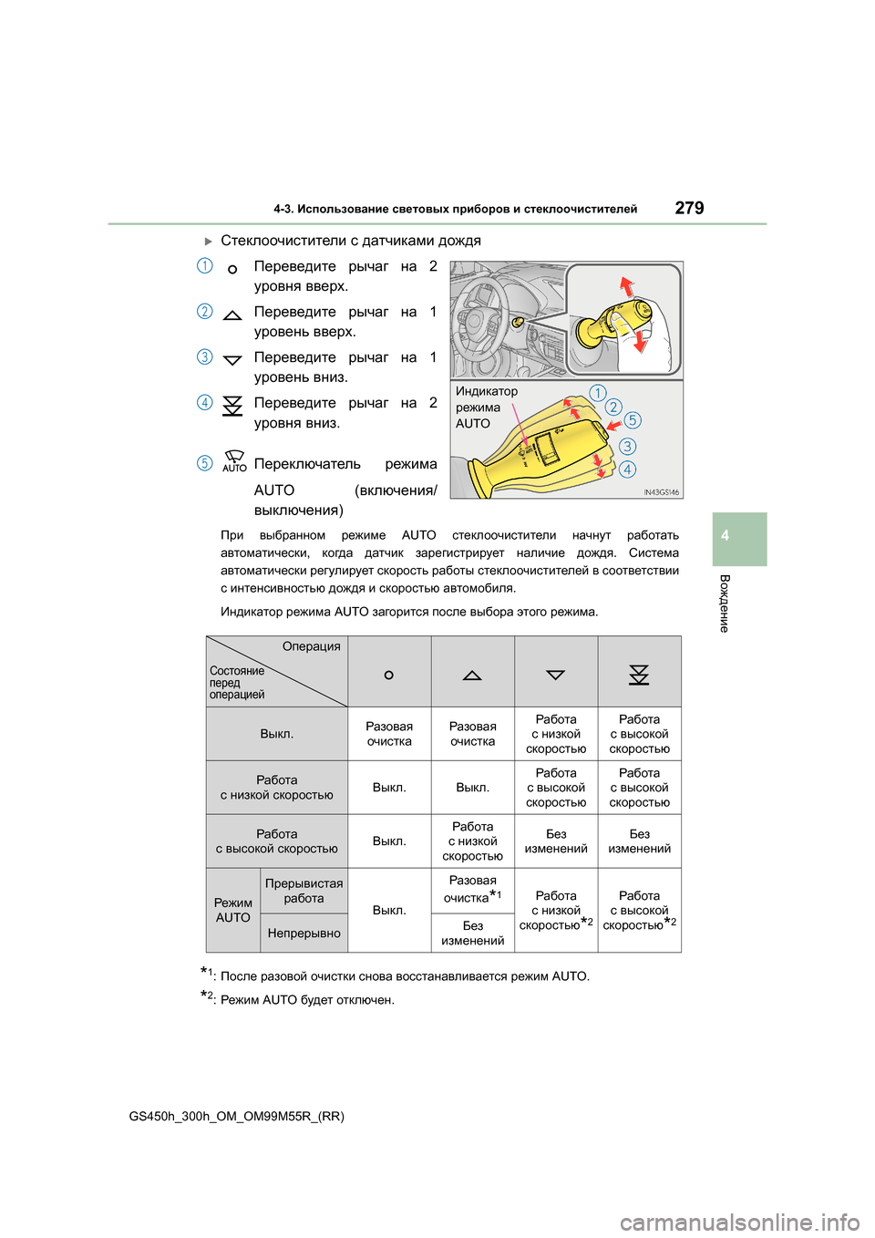 Lexus GS450h 2016  Инструкция по эксплуатации (in Russian) 2794-3. Использование  световых  приборов  и  стеклоочистителей
4
Вождение
GS450h_300h_OM_OM99M55R_(RR)
�XСтеклоочистители  с  