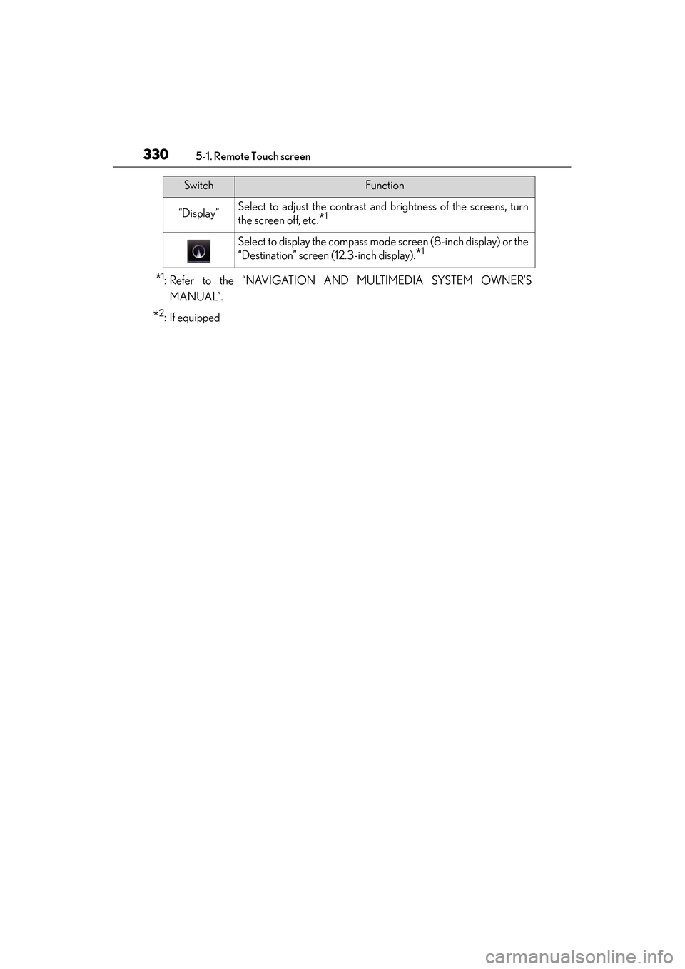 Lexus GS450h 2015  Owners Manual 3305-1. Remote Touch screen
GS450h_OM_OM30F70U_(U)
*1: Refer to the “NAVIGATION AND MULTIMEDIA SYSTEM OWNER’SMANUAL”.
*2: If equipped
“Display”Select to adjust the contrast and brightness of
