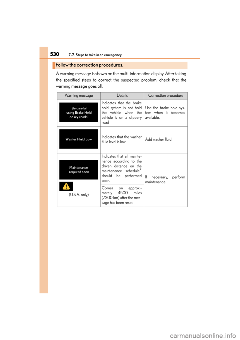 Lexus GS450h 2015 Owners Manual 5307-2. Steps to take in an emergency
GS450h_OM_OM30F70U_(U)A warning message is shown on the multi-information display. After taking
the specified steps to correct the suspected problem, check that t Lexus GS450h 2015 Owners Manual 5307-2. Steps to take in an emergency
GS450h_OM_OM30F70U_(U)A warning message is shown on the multi-information display. After taking
the specified steps to correct the suspected problem, check that t