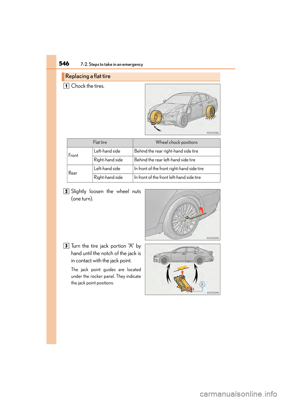 Lexus GS450h 2015  Owners Manual 5467-2. Steps to take in an emergency
GS450h_OM_OM30F70U_(U)Chock the tires.
Slightly loosen the wheel nuts
(one turn).
Turn the tire jack portion “A” by
hand until the notch of the jack is
in con