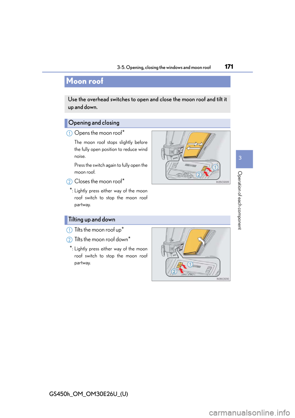 Lexus GS450h 2015  Opening, closing and locking the doors and trunk / LEXUS 2015 GS450H OWNERS MANUAL (OM30E26U) 171
GS450h_OM_OM30E26U_(U)3-5. Opening, closing the windows and moon roof
3
Operation of each component
Moon roof
Opens the moon roof*
The moon roof stops slightly before
the fully open position to re