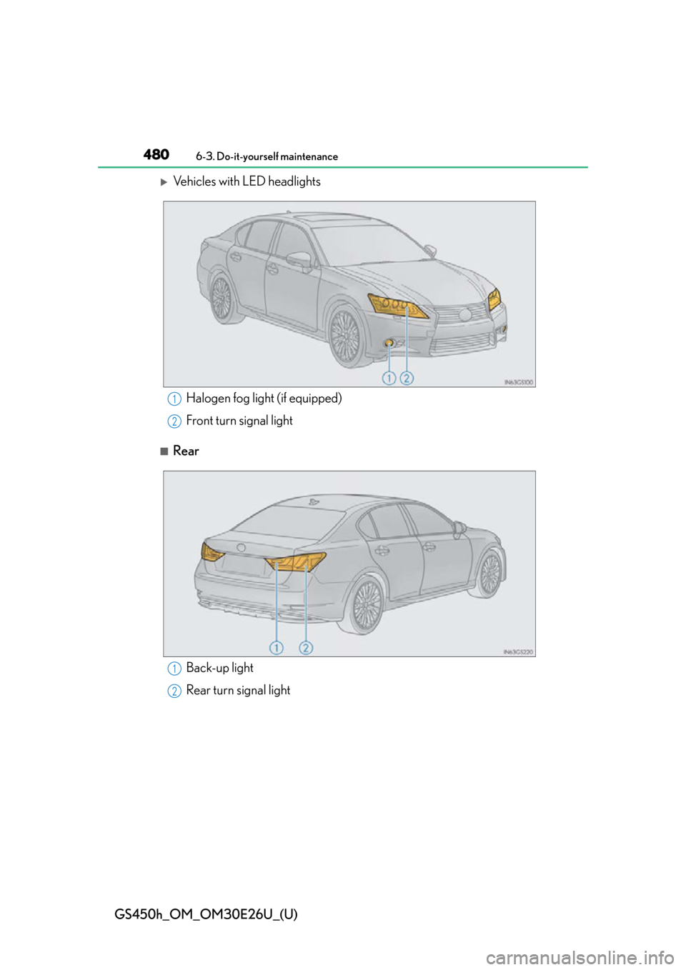 Lexus GS450h 2015  Opening, closing and locking the doors and trunk / LEXUS 2015 GS450H OWNERS MANUAL (OM30E26U) 480
GS450h_OM_OM30E26U_(U)
6-3. Do-it-yourself maintenance
Vehicles with LED headlights
■Rear
Halogen fog light (if equipped)
Front turn signal light1
2
Back-up light
Rear turn signal light1
2 