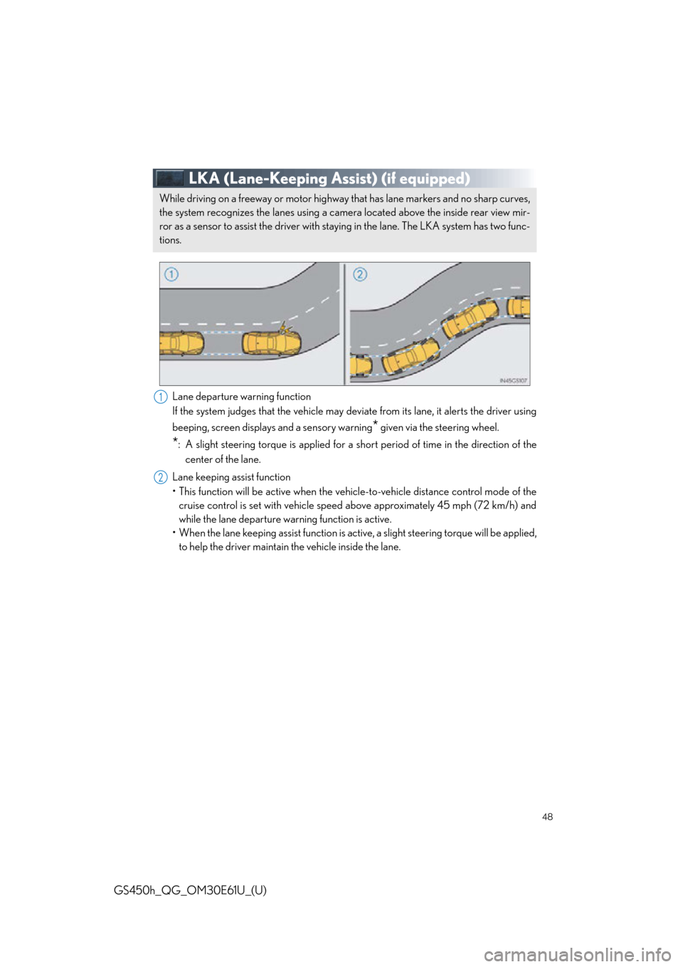 Lexus GS450h 2015  Opening, closing and locking the doors and trunk / LEXUS 2015 GS450H  QUICK GUIDE (OM30E61U) Service Manual 48
GS450h_QG_OM30E61U_(U)
LKA (Lane-Keeping Assist) (if equipped)
Lane departure warning function
If the system judges that the vehicle may deviate from its lane, it alerts the driver using
beeping, s