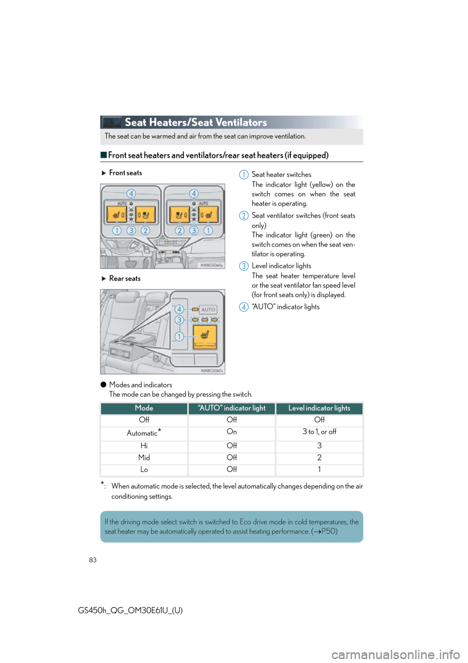 Lexus GS450h 2015  Opening, closing and locking the doors and trunk / LEXUS 2015 GS450H OWNERS MANUAL QUICK GUIDE (OM30E61U) 83
GS450h_QG_OM30E61U_(U)
Seat Heaters/Seat Ventilators
■Front seat heaters and ventilators/rear seat heaters (if equipped)
● Modes and indicators
The mode can be changed by pressing the switch.
*
