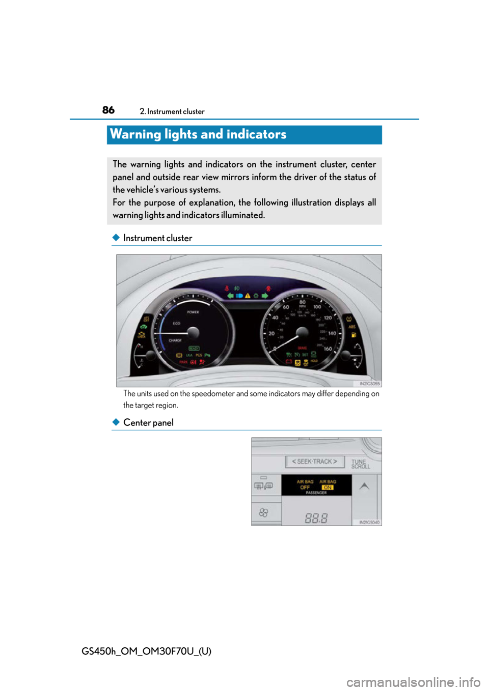 Lexus GS450h 2015 Opening, closing and locking the doors and trunk / LEXUS 2015 GS450H FROM MAR. 2015 PROD. (OM30F70U) Manual Online 86
GS450h_OM_OM30F70U_(U)
2. Instrument cluster
Warning lights and indicators
◆Instrument cluster
The units used on the speedometer and some indicators may differ depending on
the target region.
◆ Lexus GS450h 2015 Opening, closing and locking the doors and trunk / LEXUS 2015 GS450H FROM MAR. 2015 PROD. (OM30F70U) Manual Online 86
GS450h_OM_OM30F70U_(U)
2. Instrument cluster
Warning lights and indicators
◆Instrument cluster
The units used on the speedometer and some indicators may differ depending on
the target region.
◆
