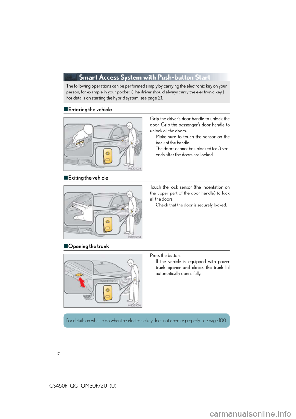 Lexus GS450h 2015 Opening, closing and locking the doors and trunk / LEXUS 2015 GS450H FROM MAR. 2015 PROD. QUICK GUIDE (OM30F72U) User Guide 17
GS450h_QG_OM30F72U_(U)
Smart Access System with Push-button Start
■Entering the vehicle
Grip the driver’s door handle to unlock the
door. Grip the passenger’s door handle to
unlock all the do Lexus GS450h 2015 Opening, closing and locking the doors and trunk / LEXUS 2015 GS450H FROM MAR. 2015 PROD. QUICK GUIDE (OM30F72U) User Guide 17
GS450h_QG_OM30F72U_(U)
Smart Access System with Push-button Start
■Entering the vehicle
Grip the driver’s door handle to unlock the
door. Grip the passenger’s door handle to
unlock all the do