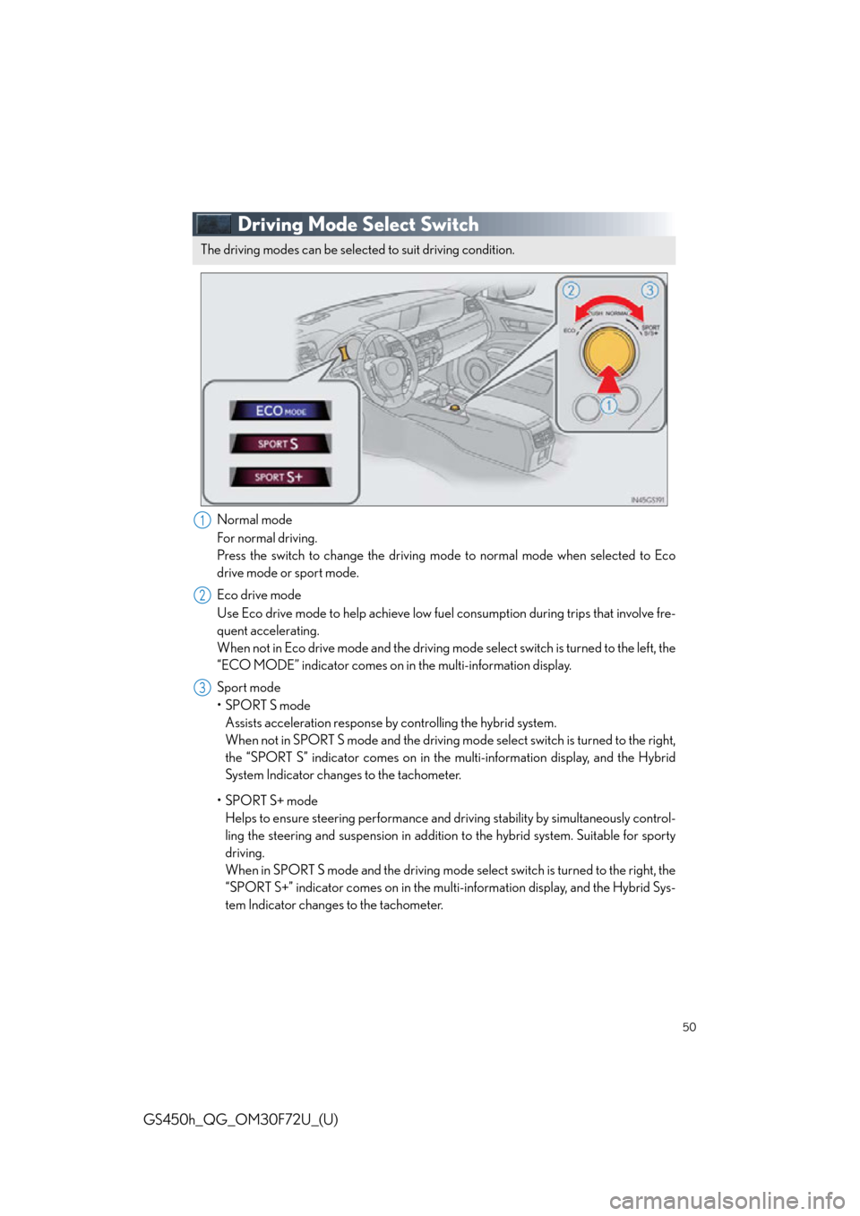 Lexus GS450h 2015 Opening, closing and locking the doors and trunk / LEXUS 2015 GS450H FROM MAR. 2015 PROD. QUICK GUIDE (OM30F72U) Service Manual 50
GS450h_QG_OM30F72U_(U)
Driving Mode Select Switch
Normal mode
For normal driving.
Press the switch to change the driving mode to normal mode when selected to Eco
drive mode or sport mode.
Eco drive Lexus GS450h 2015 Opening, closing and locking the doors and trunk / LEXUS 2015 GS450H FROM MAR. 2015 PROD. QUICK GUIDE (OM30F72U) Service Manual 50
GS450h_QG_OM30F72U_(U)
Driving Mode Select Switch
Normal mode
For normal driving.
Press the switch to change the driving mode to normal mode when selected to Eco
drive mode or sport mode.
Eco drive