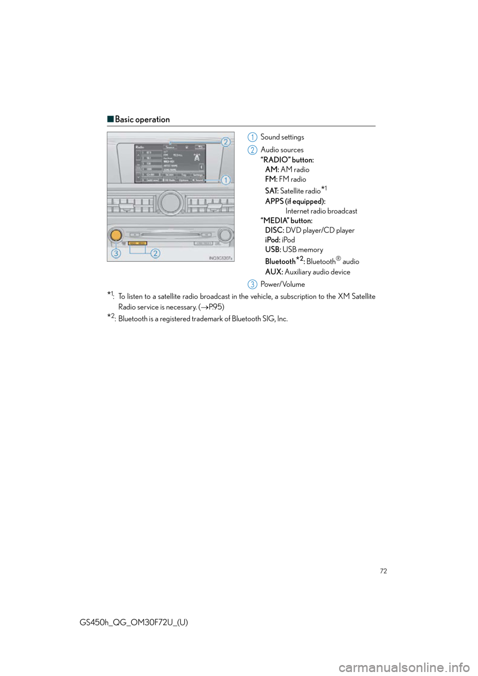 Lexus GS450h 2015  Opening, closing and locking the doors and trunk / LEXUS 2015 GS450H FROM MAR. 2015 PROD. QUICK GUIDE OWNERS MANUAL (OM30F72U) 72
GS450h_QG_OM30F72U_(U)
■Basic operation
Sound settings
Audio sources
“RADIO” button: 
AM:  AM radio
FM:  FM radio
SAT:  Satellite radio
*1
APPS (if equipped): 
Internet radio broadcast
“MED