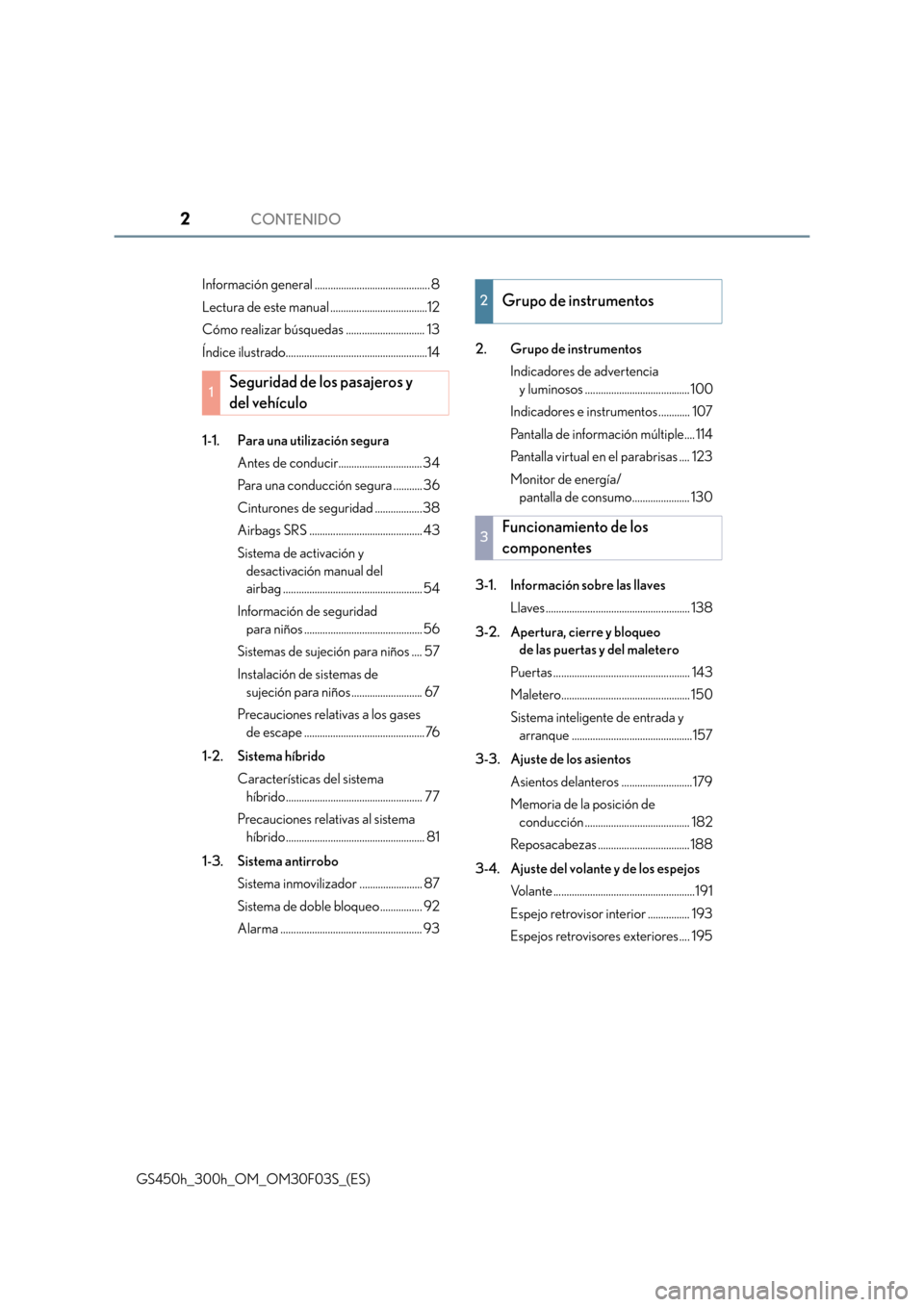 Lexus GS450h 2015  Manual del propietario (in Spanish) CONTENIDO2
GS450h_300h_OM_OM30F03S_(ES)Información general ............................................ 8
Lectura de este manual .....................................12
Cómo realizar búsquedas ....