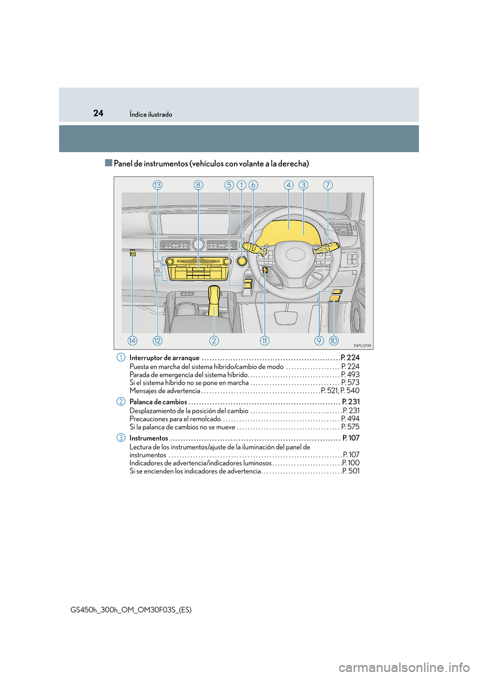 Lexus GS450h 2015  Manual del propietario (in Spanish) 24Índice ilustrado
GS450h_300h_OM_OM30F03S_(ES)
■Panel de instrumentos (vehículos con volante a la derecha)
Interruptor de arranque  . . . . . . . . . . . . . . . . . . . . . . . . . . . . . . . .