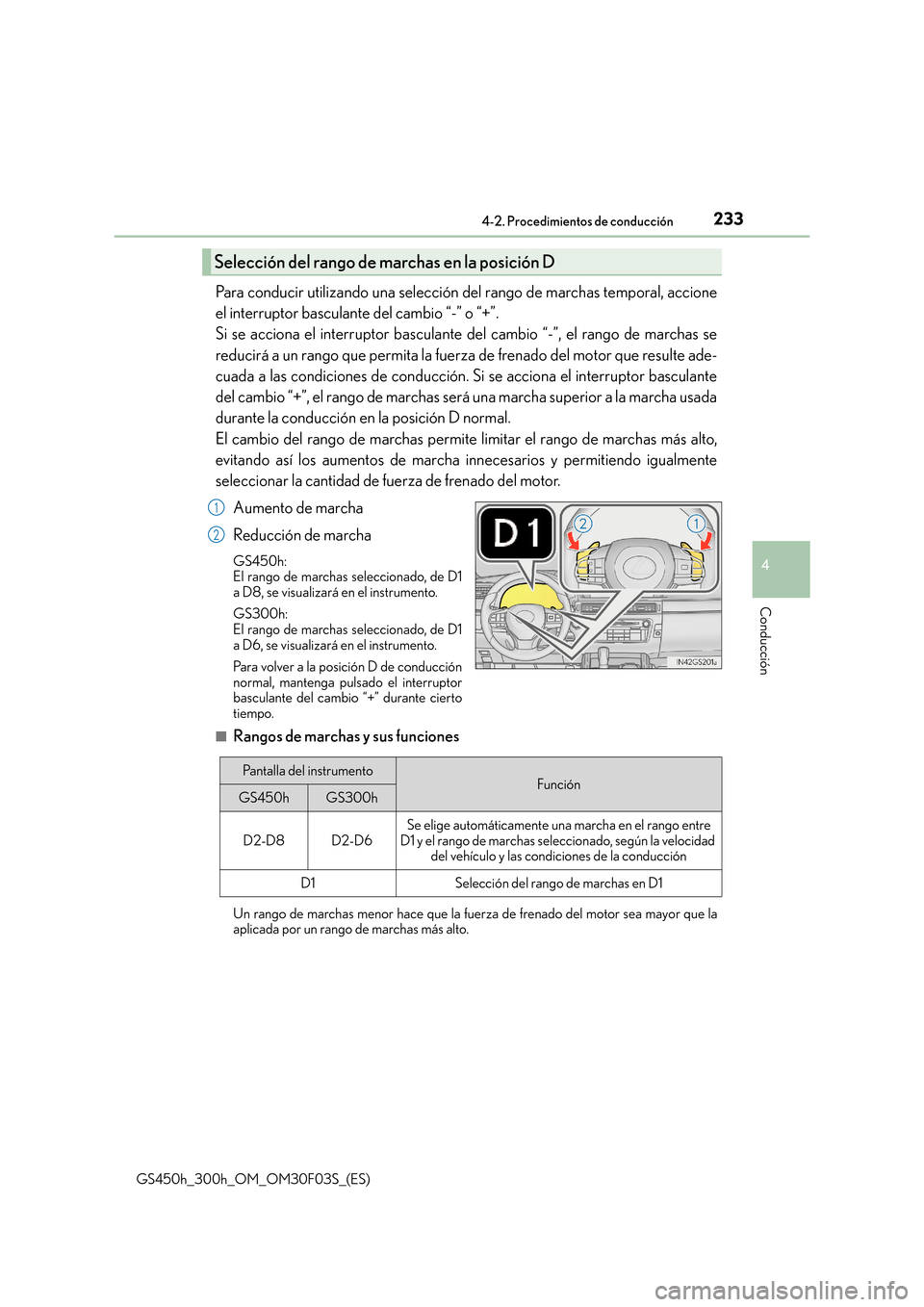 Lexus GS450h 2015  Manual del propietario (in Spanish) 2334-2. Procedimientos de conducción
4
Conducción
GS450h_300h_OM_OM30F03S_(ES)
Para conducir utilizando una selección del rango de marchas temporal, accione
el interruptor basculante del cambio “